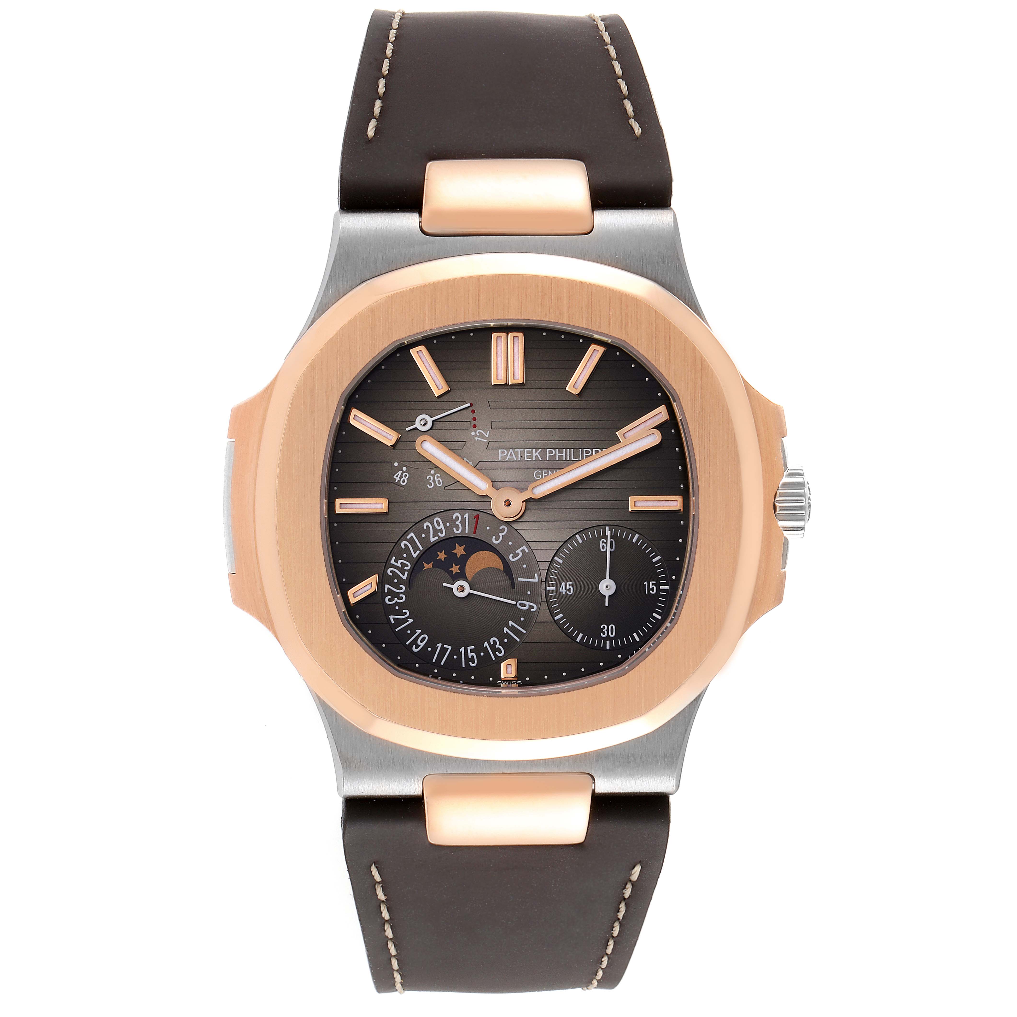 The image shows a front view of a Patek Philippe Nautilus 5712GR Men's White Gold Grey Dial 5712GR Men's White Gold Grey Dial watch, including the dial, hands, case, and strap.