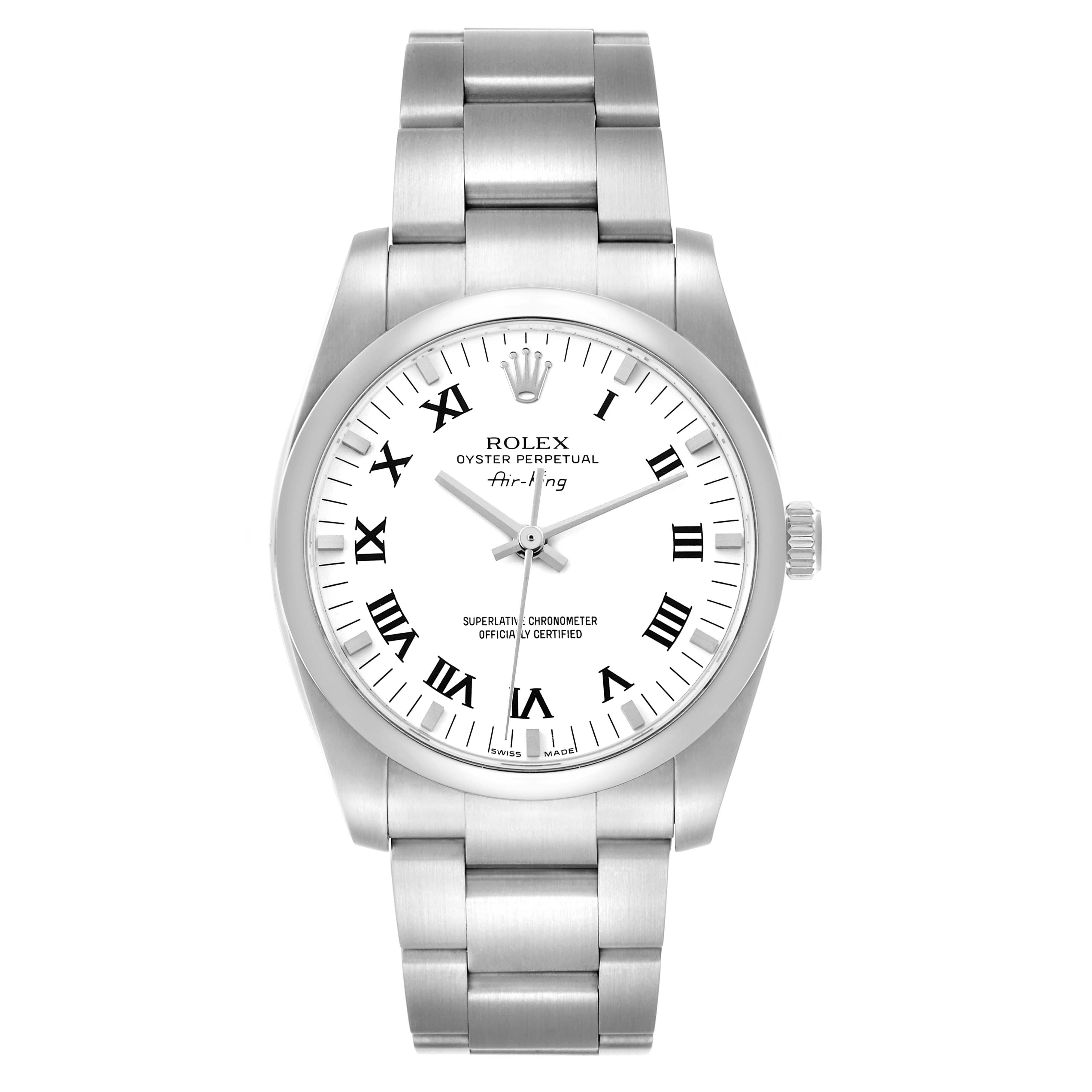The Rolex Air-King 114200 Men's Stainless Steel White Dial watch is shown from a frontal angle, displaying the dial, case, bracelet, and crown.