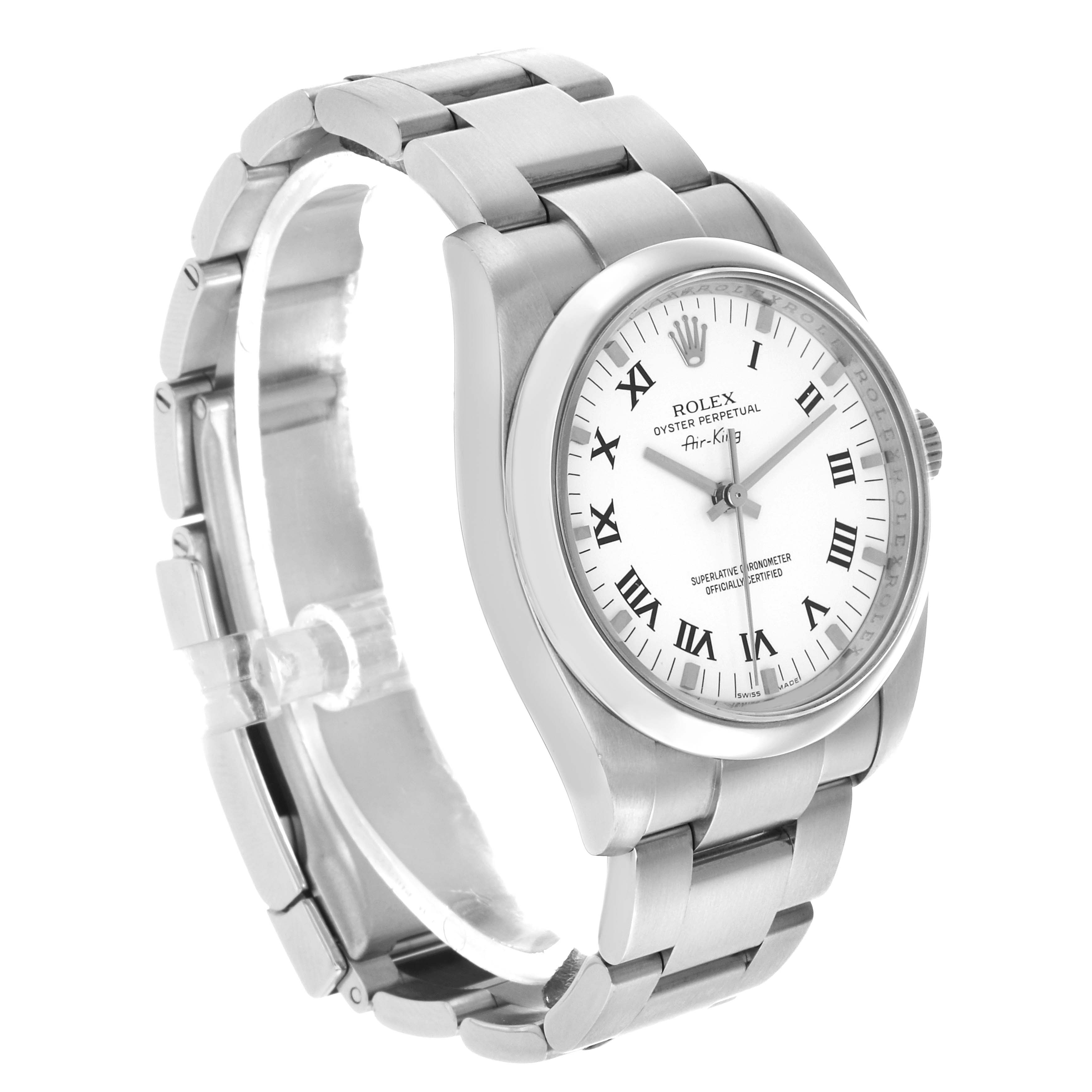 The Rolex Air-King 114200 Men's Stainless Steel White Dial watch is shown at a three-quarter angle, displaying the face, bezel, and part of the bracelet.