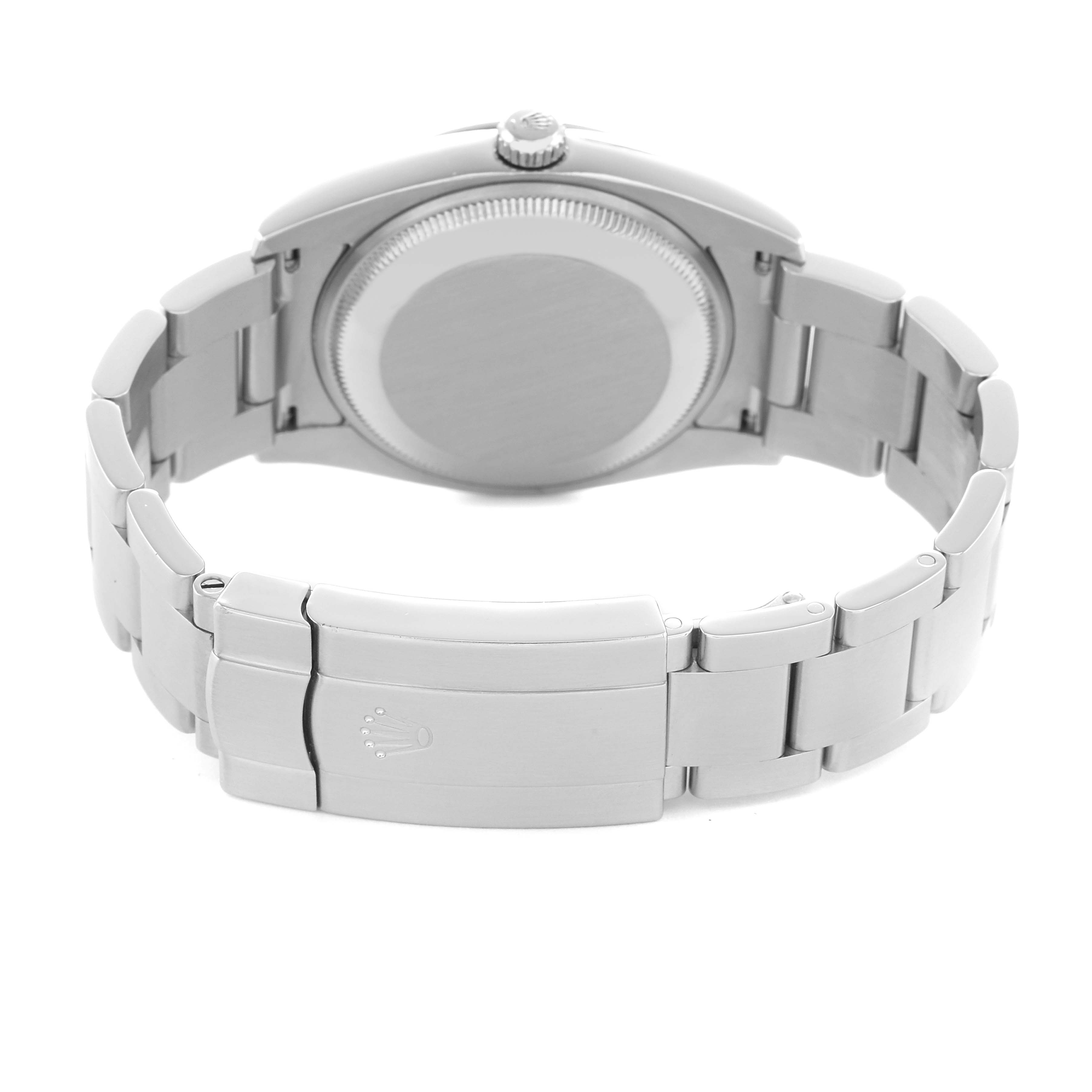 The watch is a Rolex Air-King 114200 Men's Stainless Steel White Dial shown from the back, displaying its closed clasp and metal bracelet.