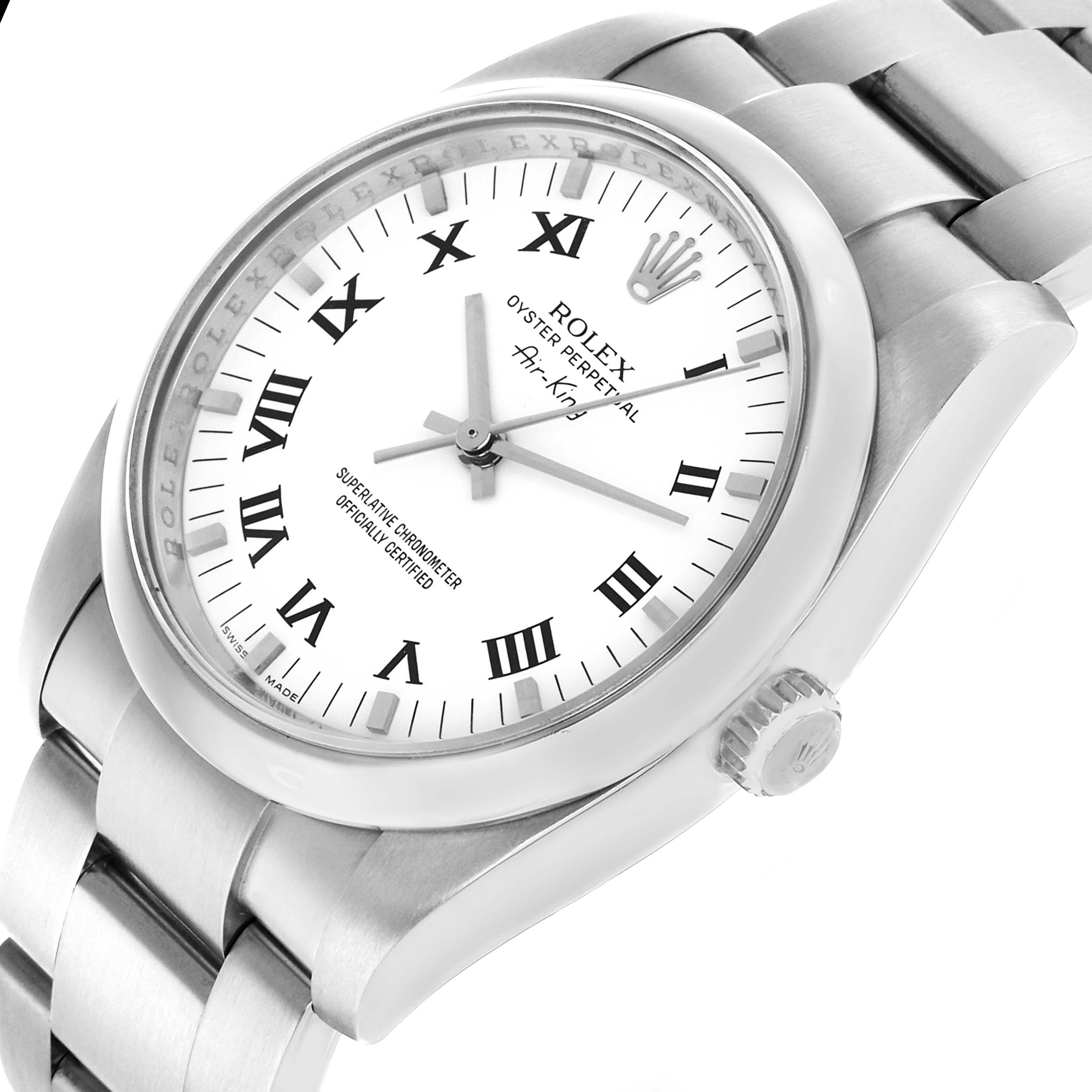 The Rolex Air-King 114200 Men's Stainless Steel White Dial watch face is shown at a slight angle, highlighting the dial, bezel, crown, and part of the bracelet.
