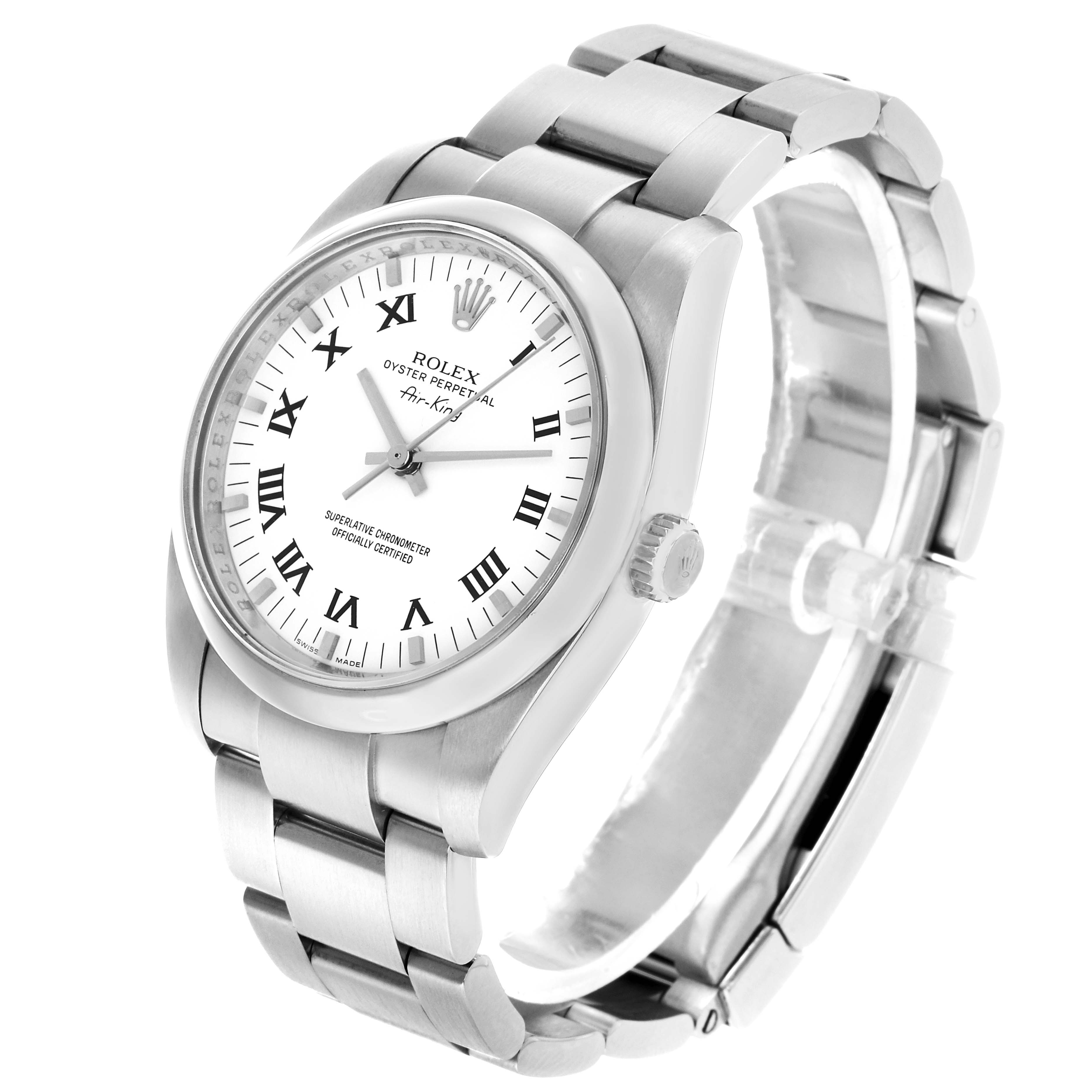 The Rolex Air-King 114200 Men's Stainless Steel White Dial watch is shown at a three-quarter angle, displaying the dial, bracelet, and crown.