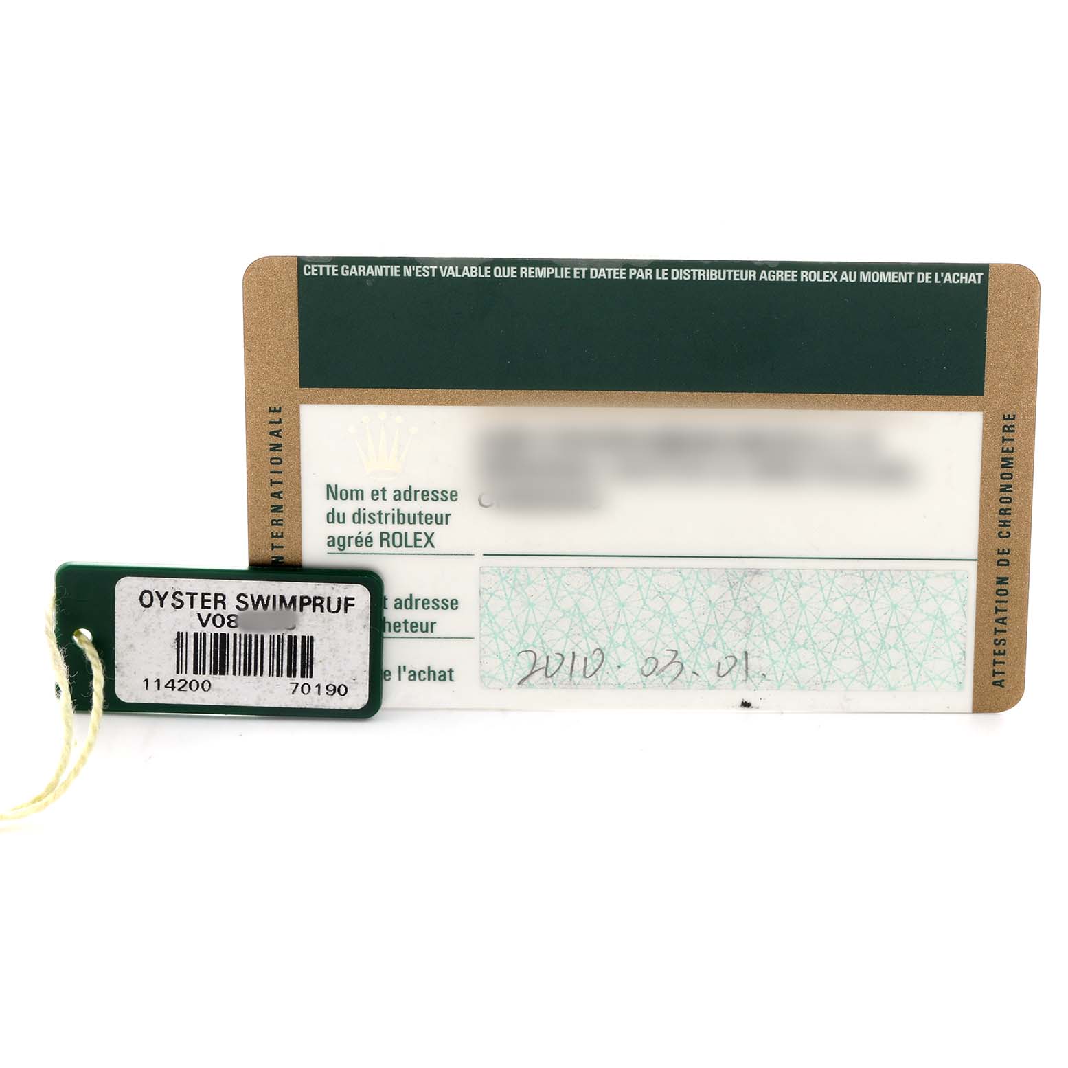 The image shows a warranty card and Oyster Swimpruf tag for a Rolex Air-King 114200 Men's Stainless Steel White Dial watch.