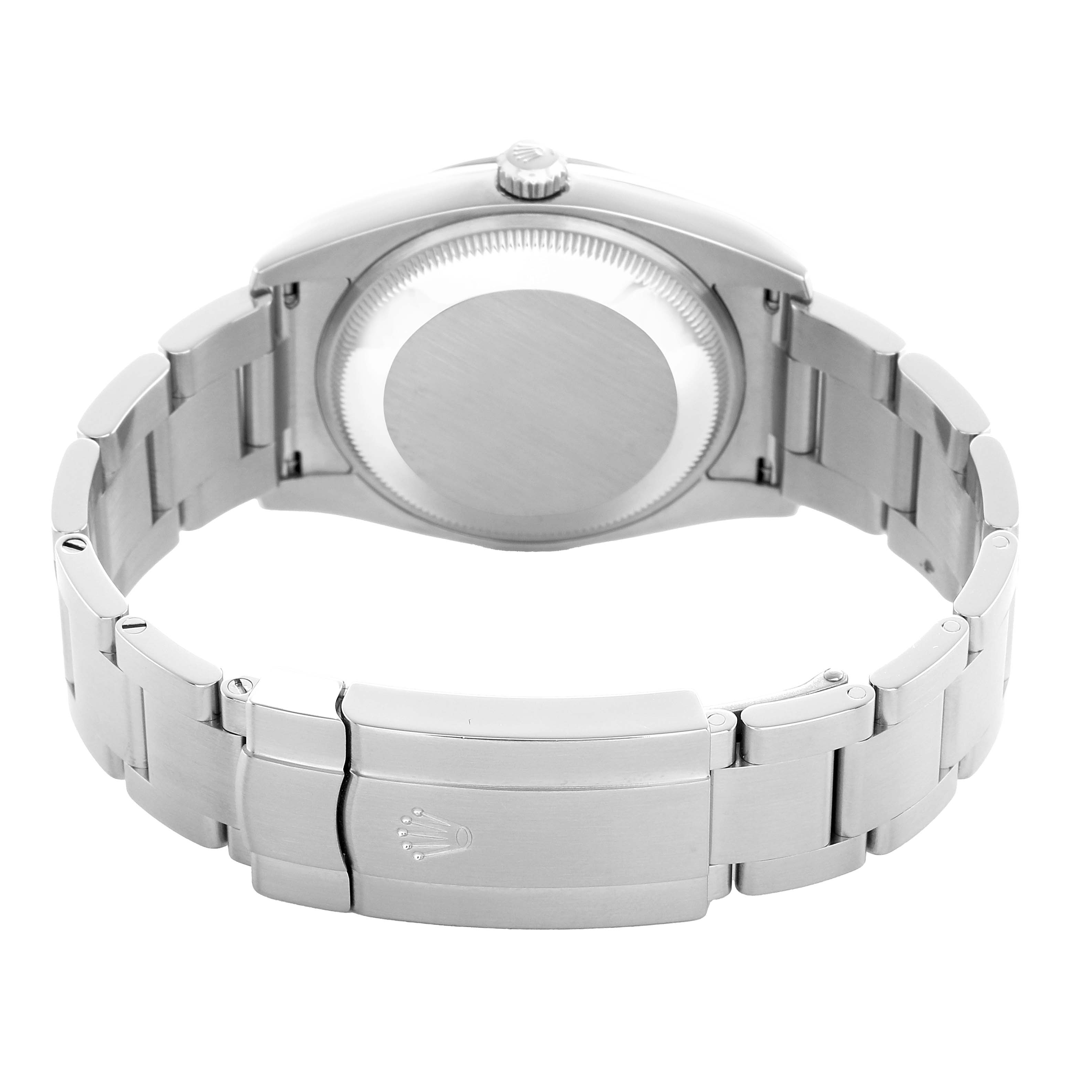 The image shows the back and clasp of a Rolex Oyster Perpetual 114200 Men's Stainless Steel Silver Dial watch, highlighting its bracelet and closed case back.