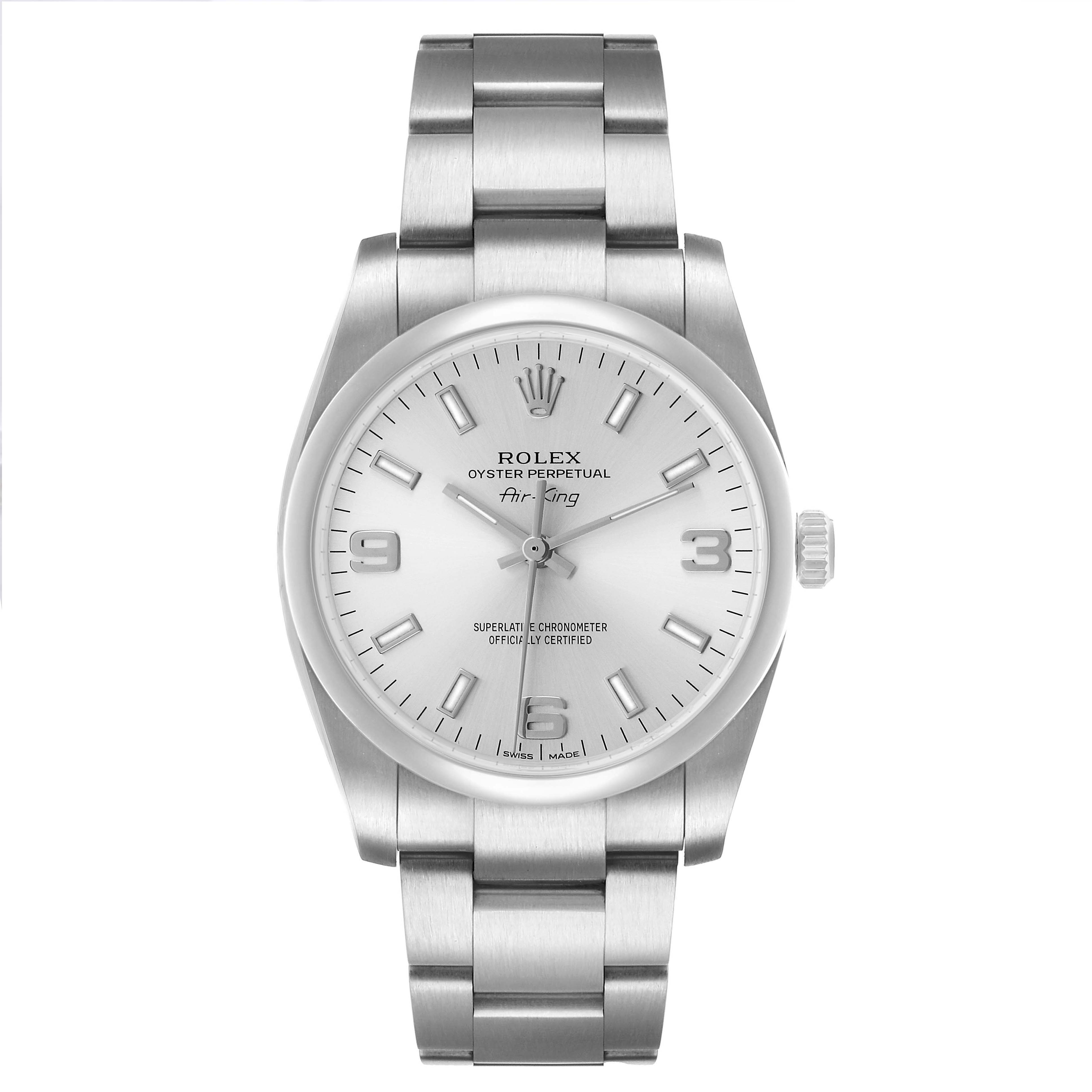 The Rolex Oyster Perpetual 114200 Men's Stainless Steel Silver Dial watch is shown from the front, featuring its face, bezel, crown, and bracelet.