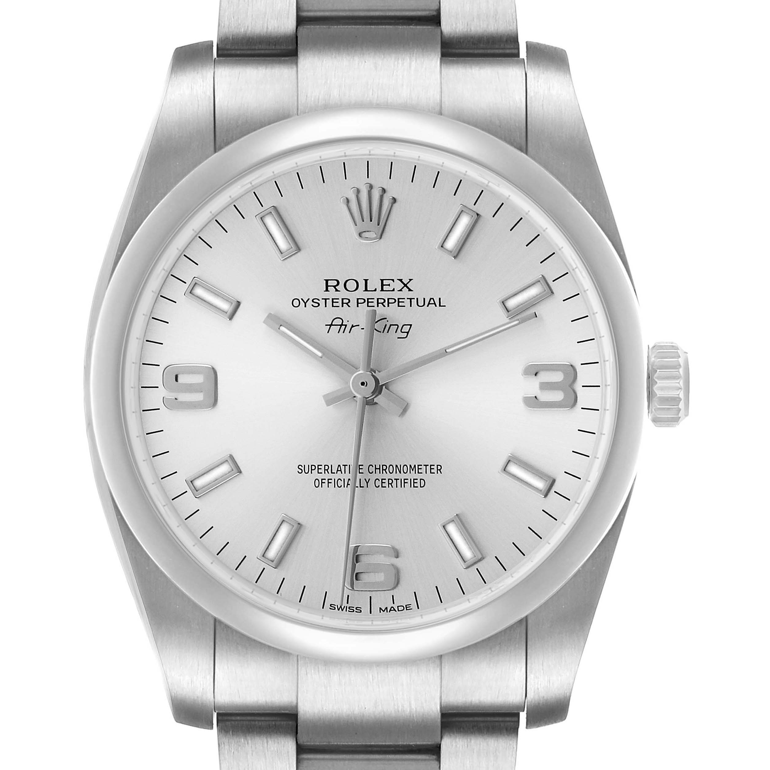 The Rolex Oyster Perpetual 114200 Men's Stainless Steel Silver Dial watch is shown from the front, displaying the dial, case, crown, and part of the bracelet.