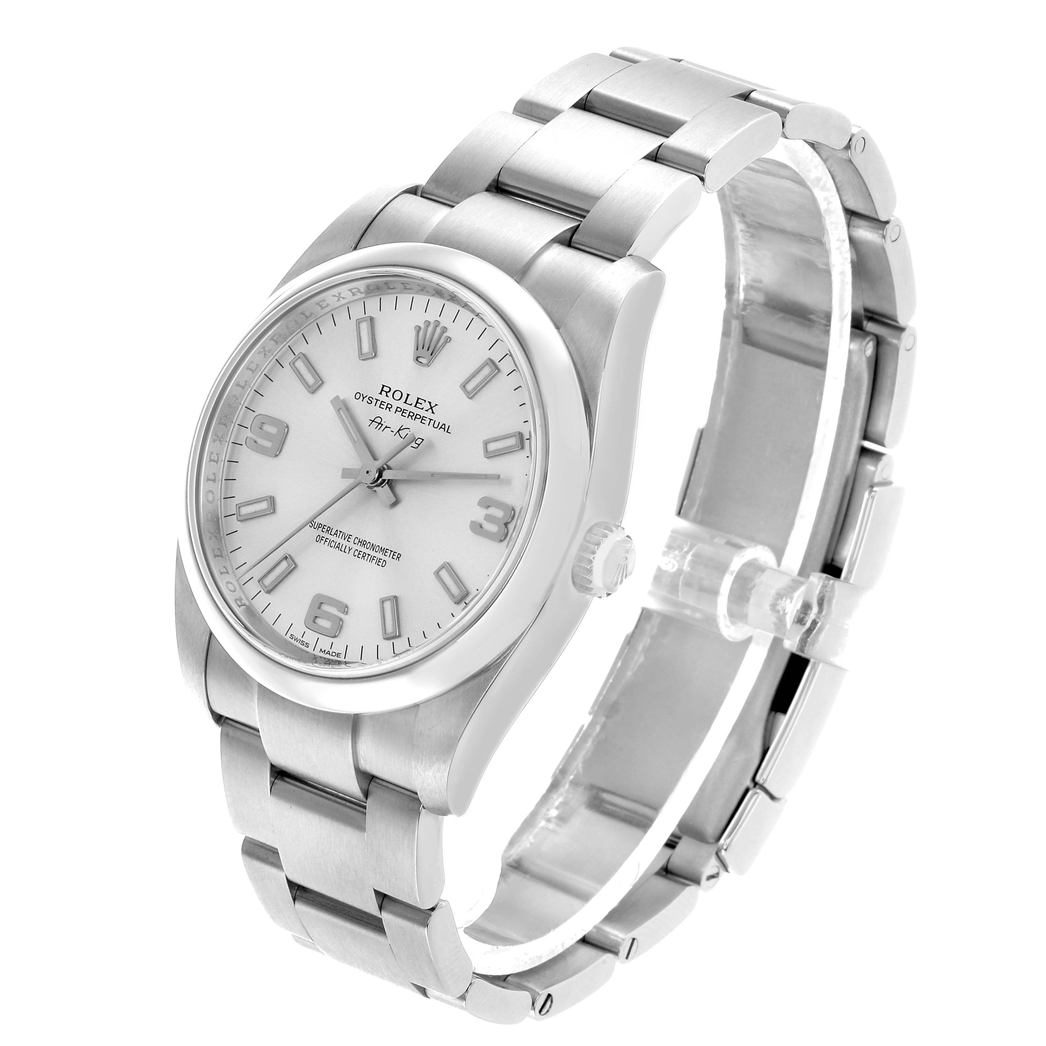 The Rolex Oyster Perpetual 114200 Men's Stainless Steel Silver Dial watch is shown at a three-quarter angle, highlighting the dial, bezel, and bracelet.