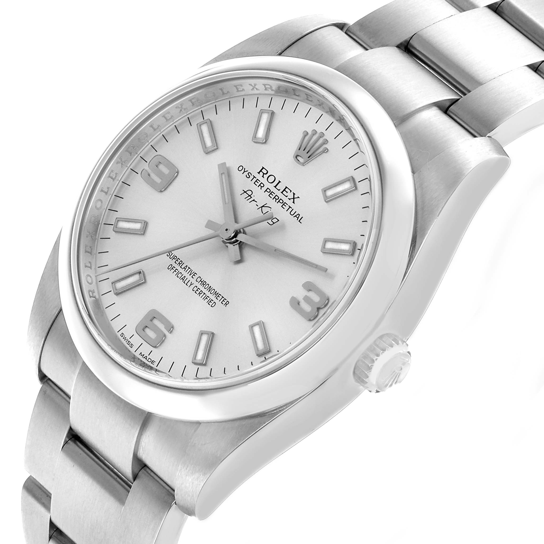 The Rolex Oyster Perpetual 114200 Men's Stainless Steel Silver Dial watch is shown at an angled side view, highlighting the face, bezel, crown, and bracelet.