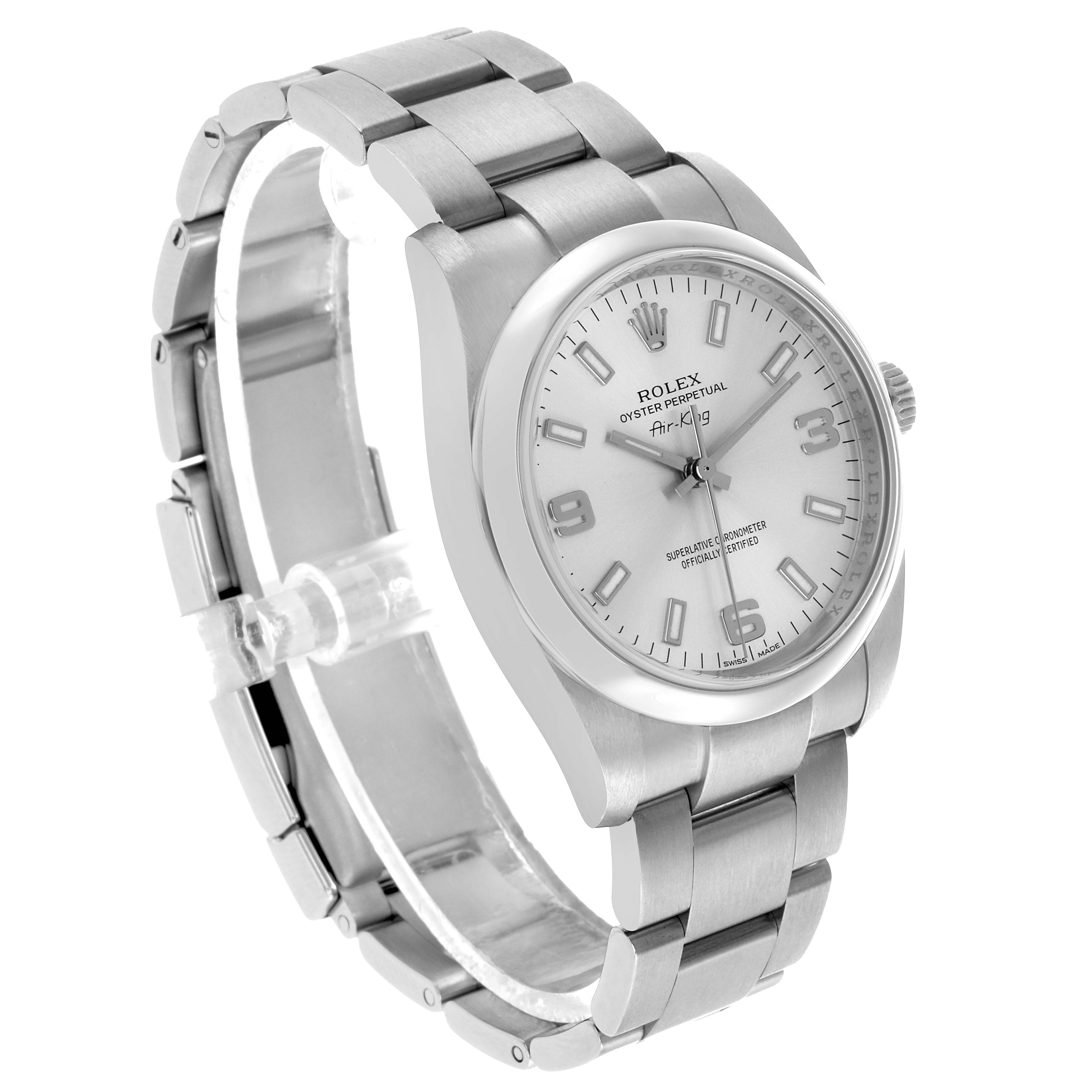 The Rolex Oyster Perpetual 114200 Men's Stainless Steel Silver Dial watch is shown angled slightly from above, displaying its face and metal bracelet.