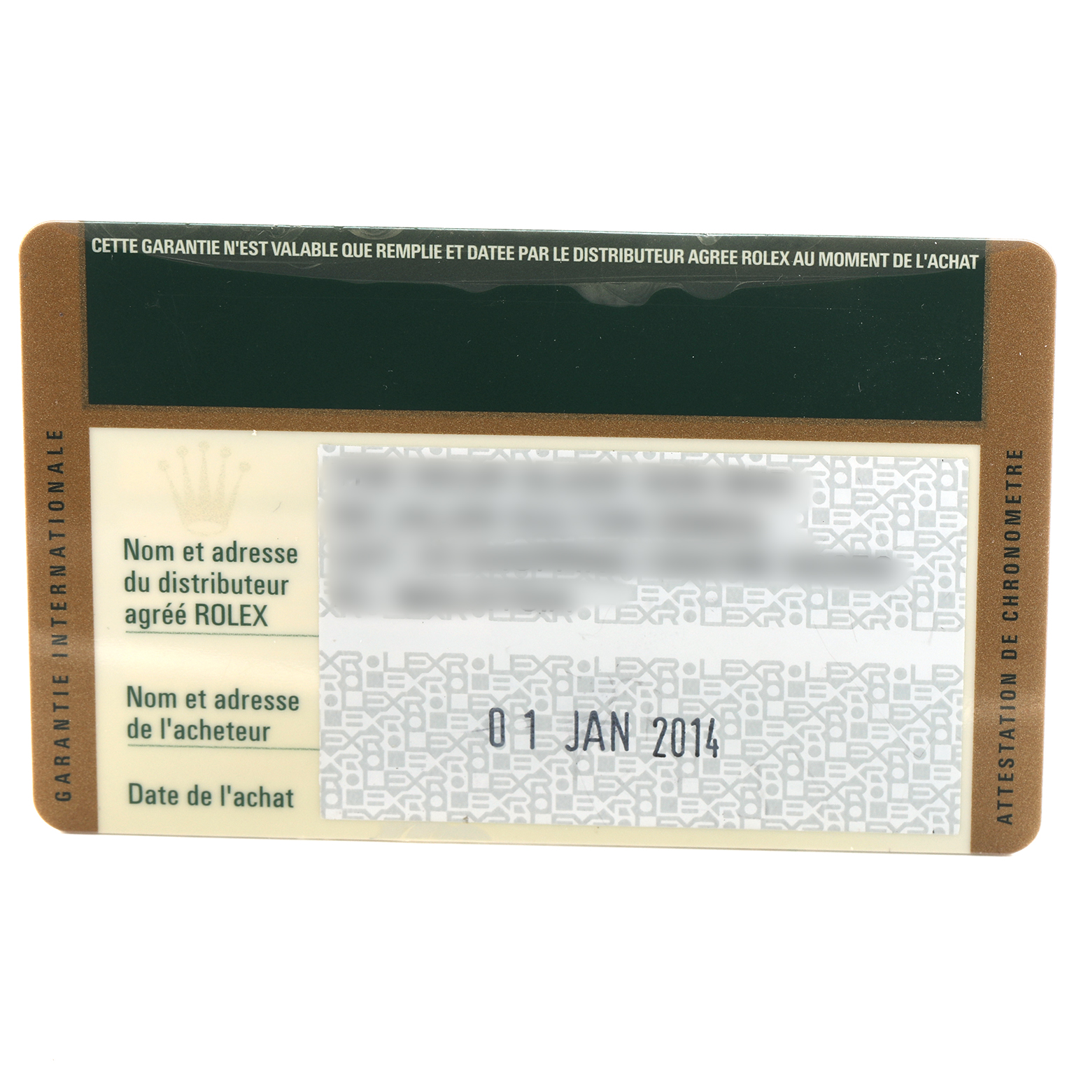 The image shows a warranty card for the Rolex Oyster Perpetual 114200 Men's Stainless Steel Silver Dial, displaying purchase and distributor details.