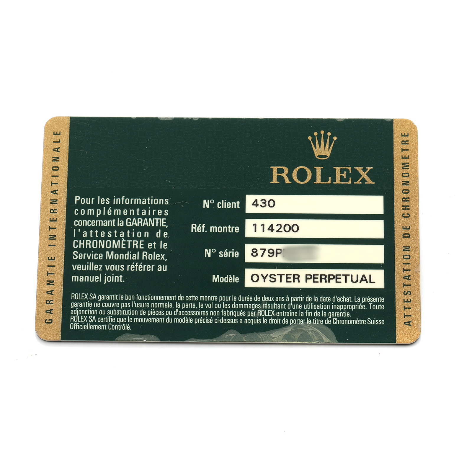 The image shows a warranty card for a Rolex Oyster Perpetual 114200 Men's Stainless Steel Silver Dial, displaying model and serial numbers.