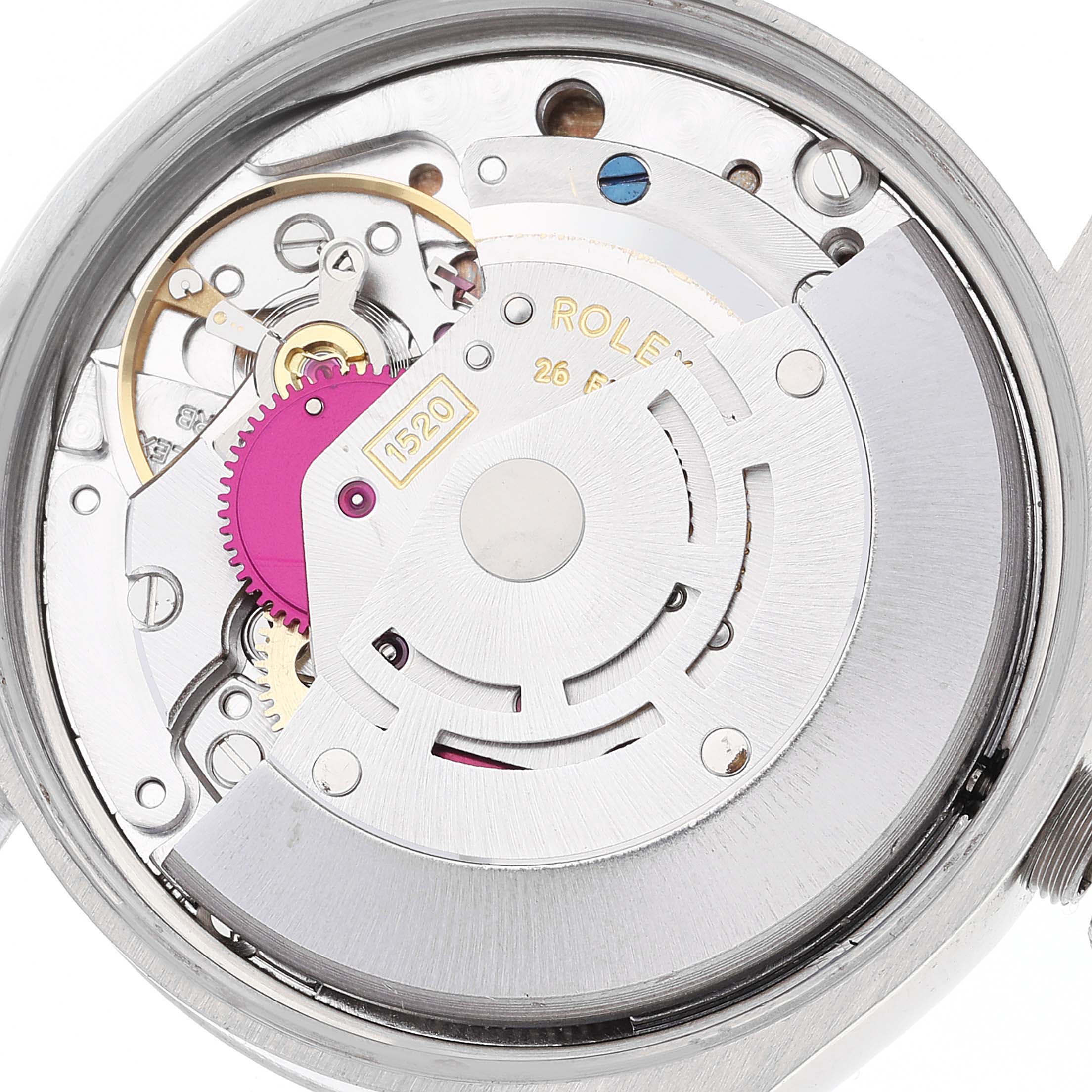 The image shows a close-up view of the inner mechanics and movement of a Rolex Air-King 5500 Men's Stainless Steel Silver Dial 5500 Men's Stainless Steel Silver Dial watch.