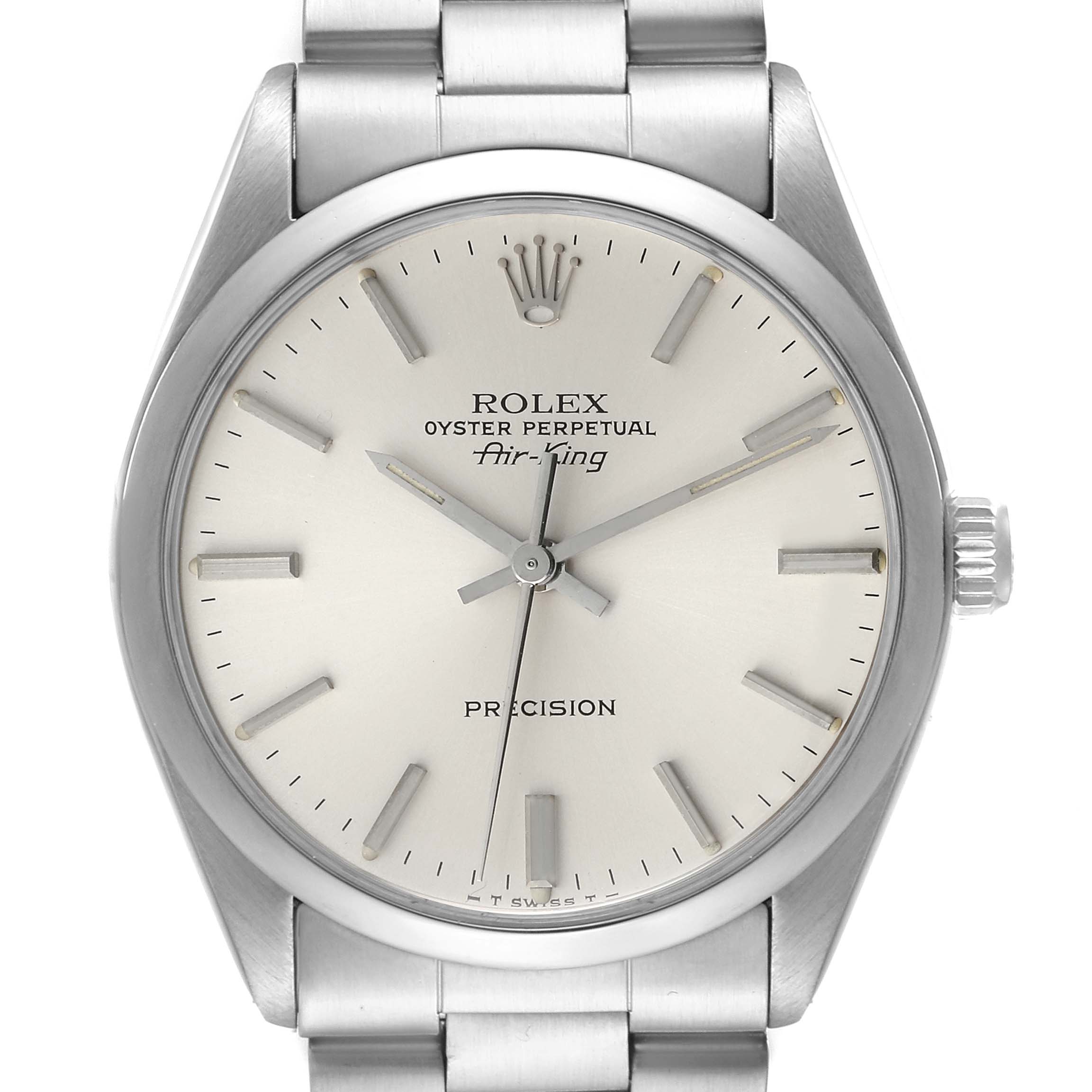 The image shows a front view of a Rolex Air-King 5500 Men's Stainless Steel Silver Dial 5500 Men's Stainless Steel Silver Dial watch, showcasing the dial, hands, indices, crown, and part of the bracelet.