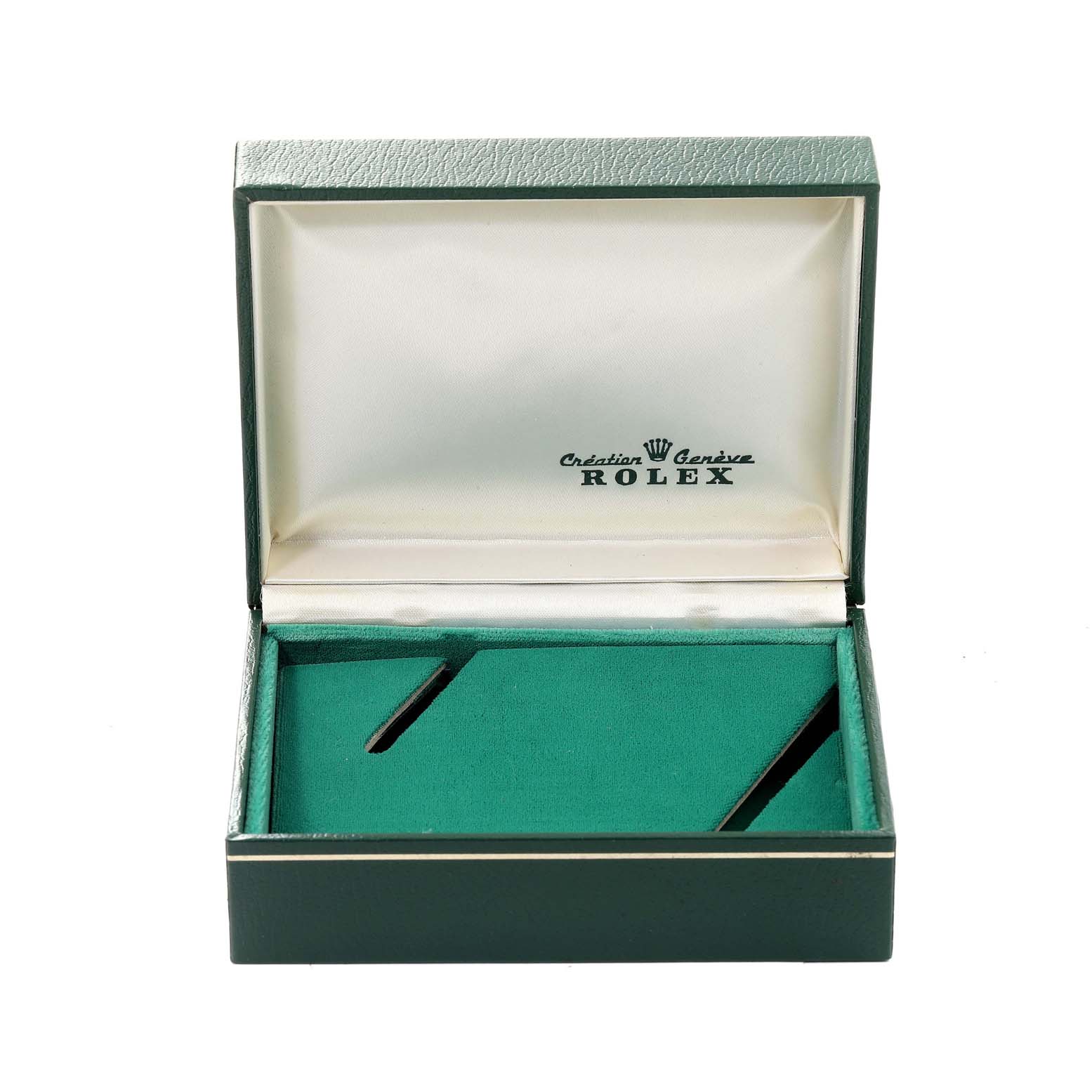 This image shows an open green box for the Air-King model by Rolex, viewed from above.