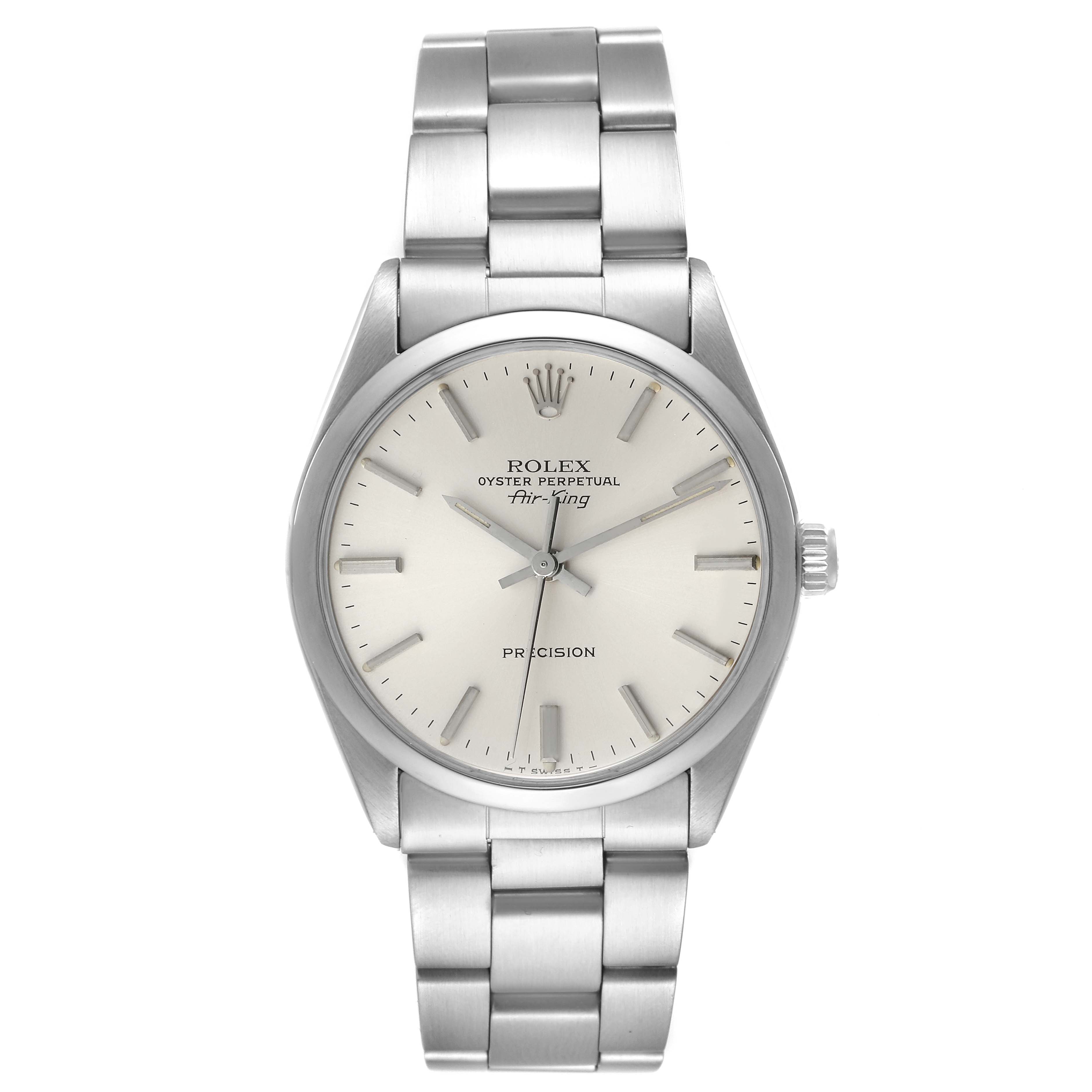 The image shows a front view of a Rolex Air-King 5500 Men's Stainless Steel Silver Dial 5500 Men's Stainless Steel Silver Dial watch, displaying the face, hands, crown, and bracelet.