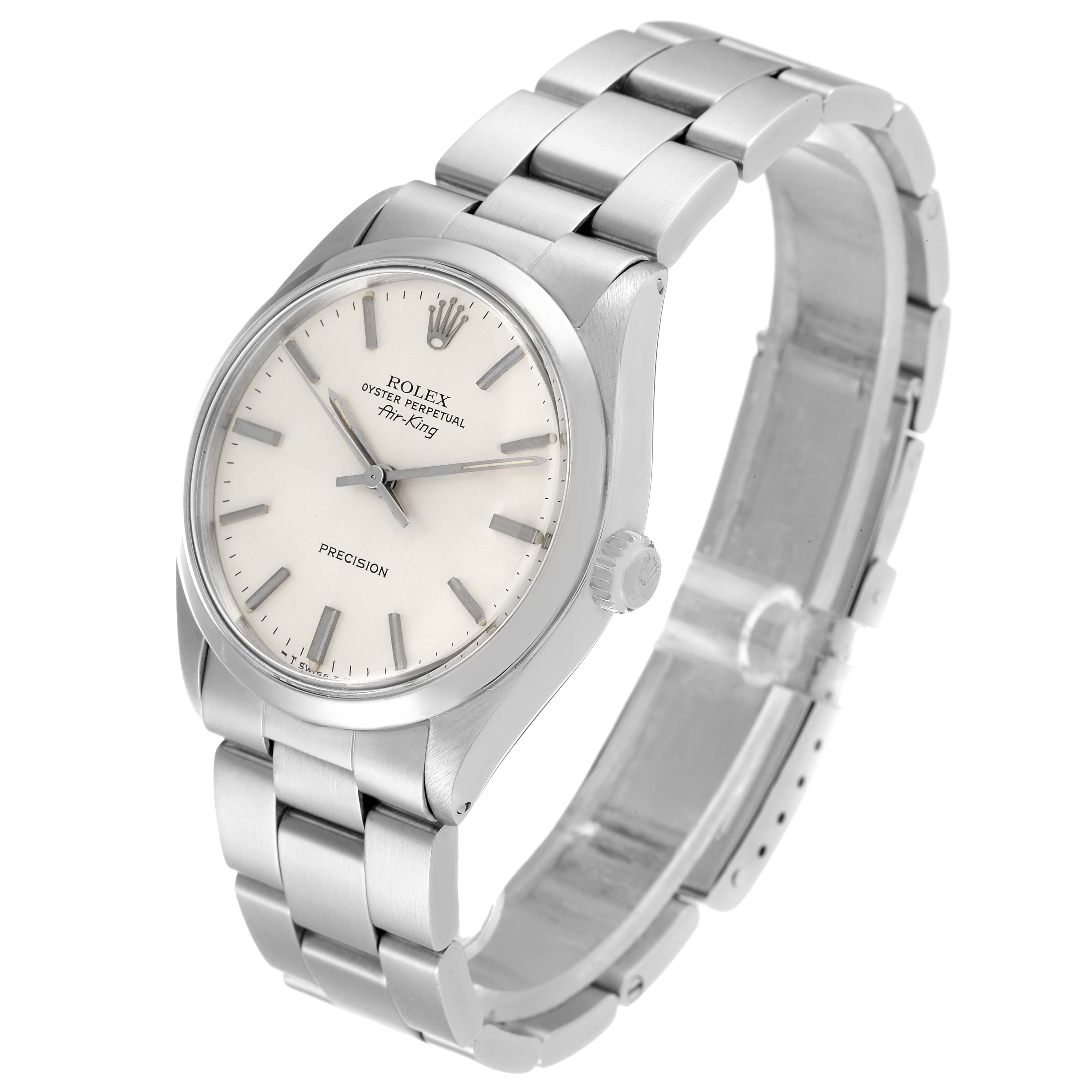 This image shows a Rolex Air-King 5500 Men's Stainless Steel Silver Dial 5500 Men's Stainless Steel Silver Dial watch at a three-quarter angle, highlighting its face, bezel, crown, and bracelet.