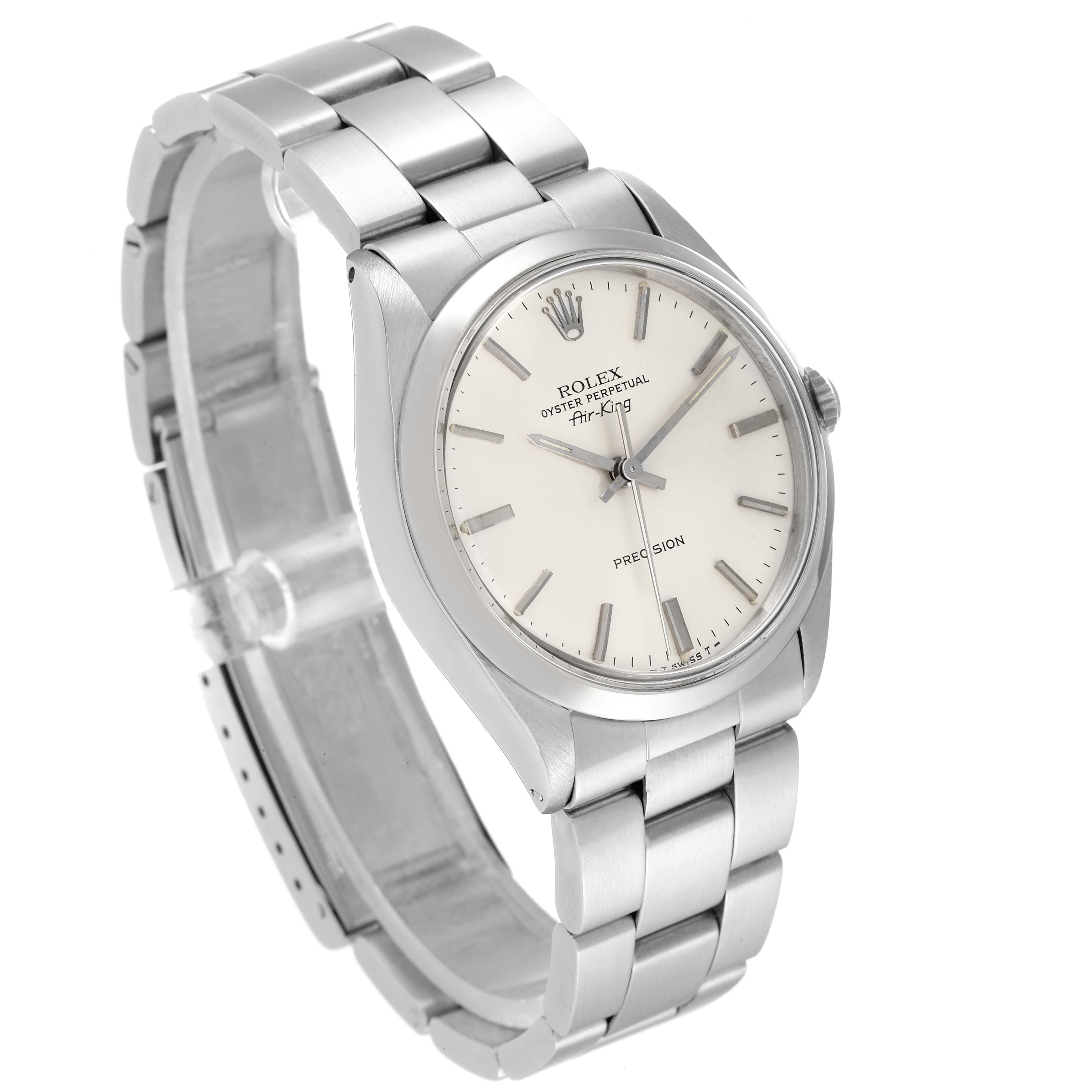 This image shows a Rolex Air-King 5500 Men's Stainless Steel Silver Dial 5500 Men's Stainless Steel Silver Dial watch, angled to display the face, bezel, bracelet, and crown.