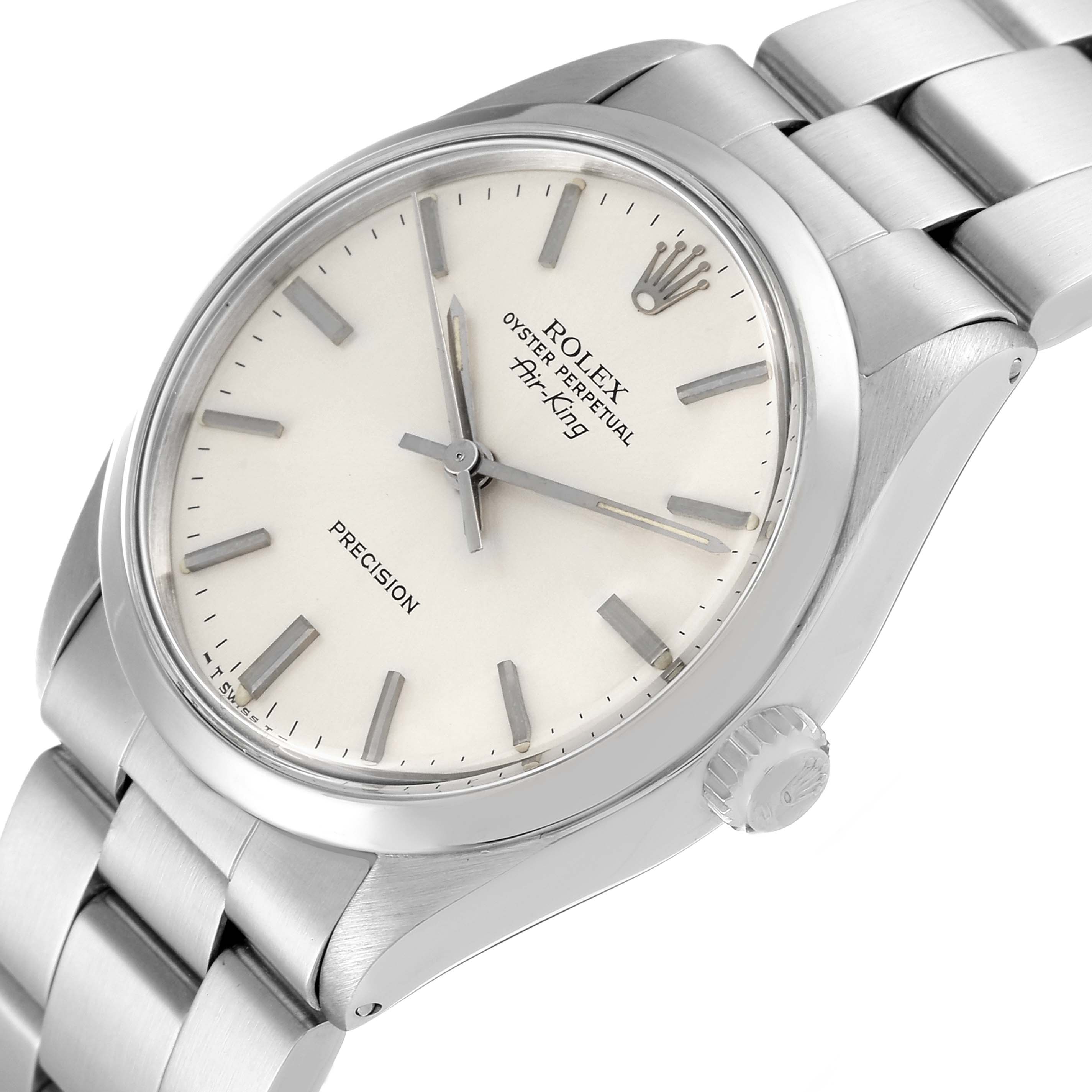 The image shows a Rolex Air-King 5500 Men's Stainless Steel Silver Dial 5500 Men's Stainless Steel Silver Dial watch from an angled side view, highlighting the dial, crown, and bracelet.