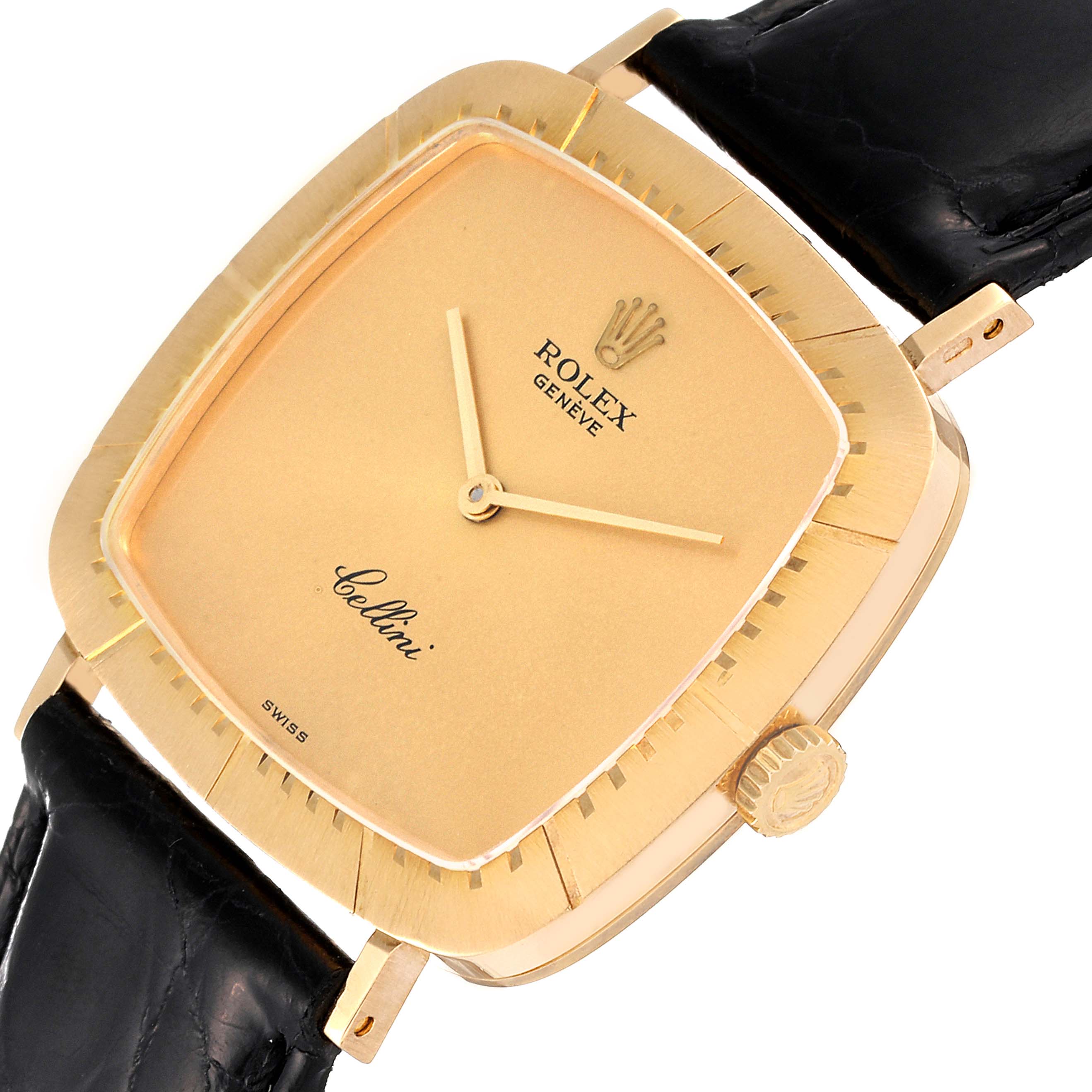 The image shows a close-up angle of a Rolex Cellini 4084 Men's Yellow Gold Champagne Dial 4084 Men's Yellow Gold Champagne Dial watch, featuring its gold-tone dial, crown, and black leather strap.