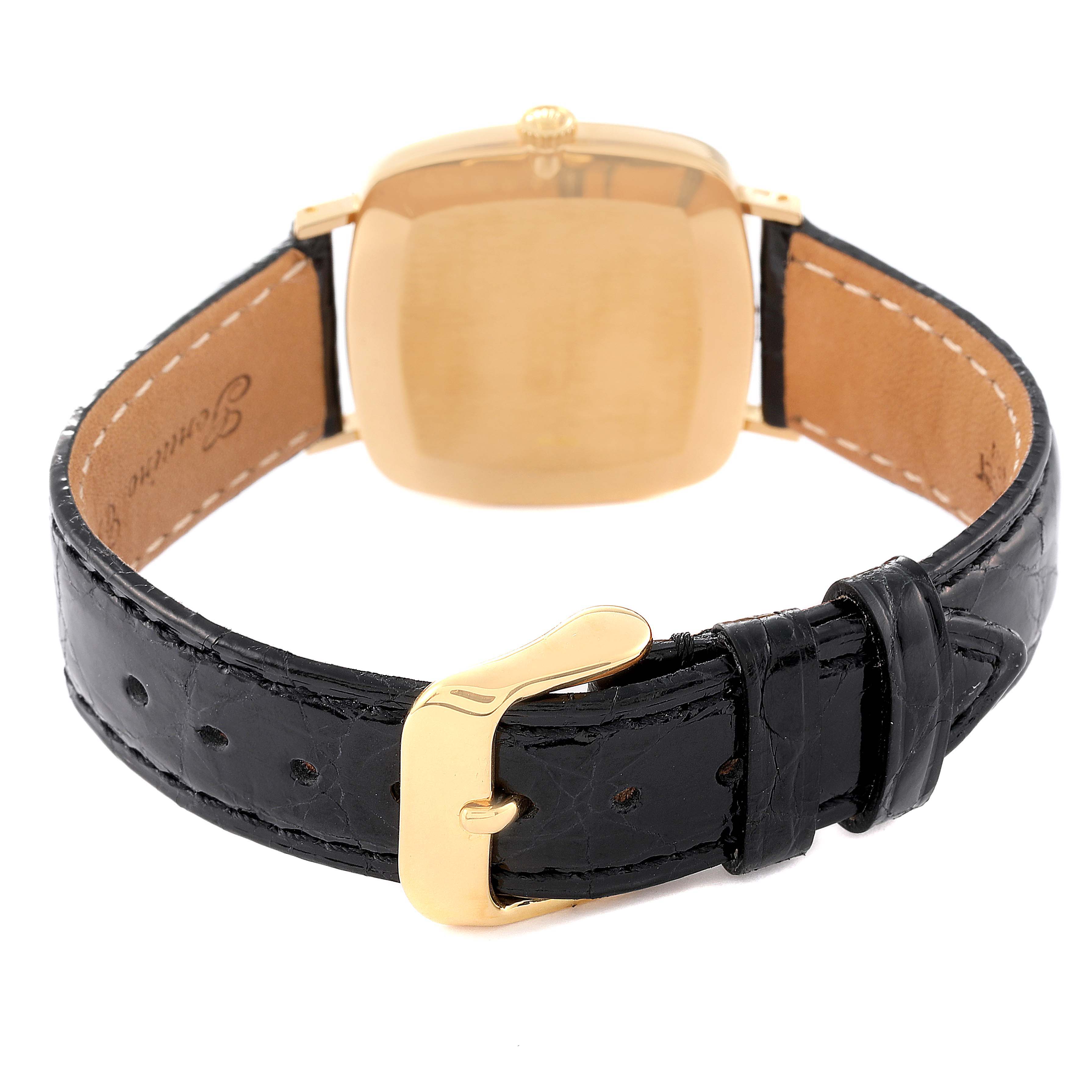 The image shows the back case and black leather strap with a gold buckle of the Rolex Cellini 4084 Men's Yellow Gold Champagne Dial 4084 Men's Yellow Gold Champagne Dial watch.