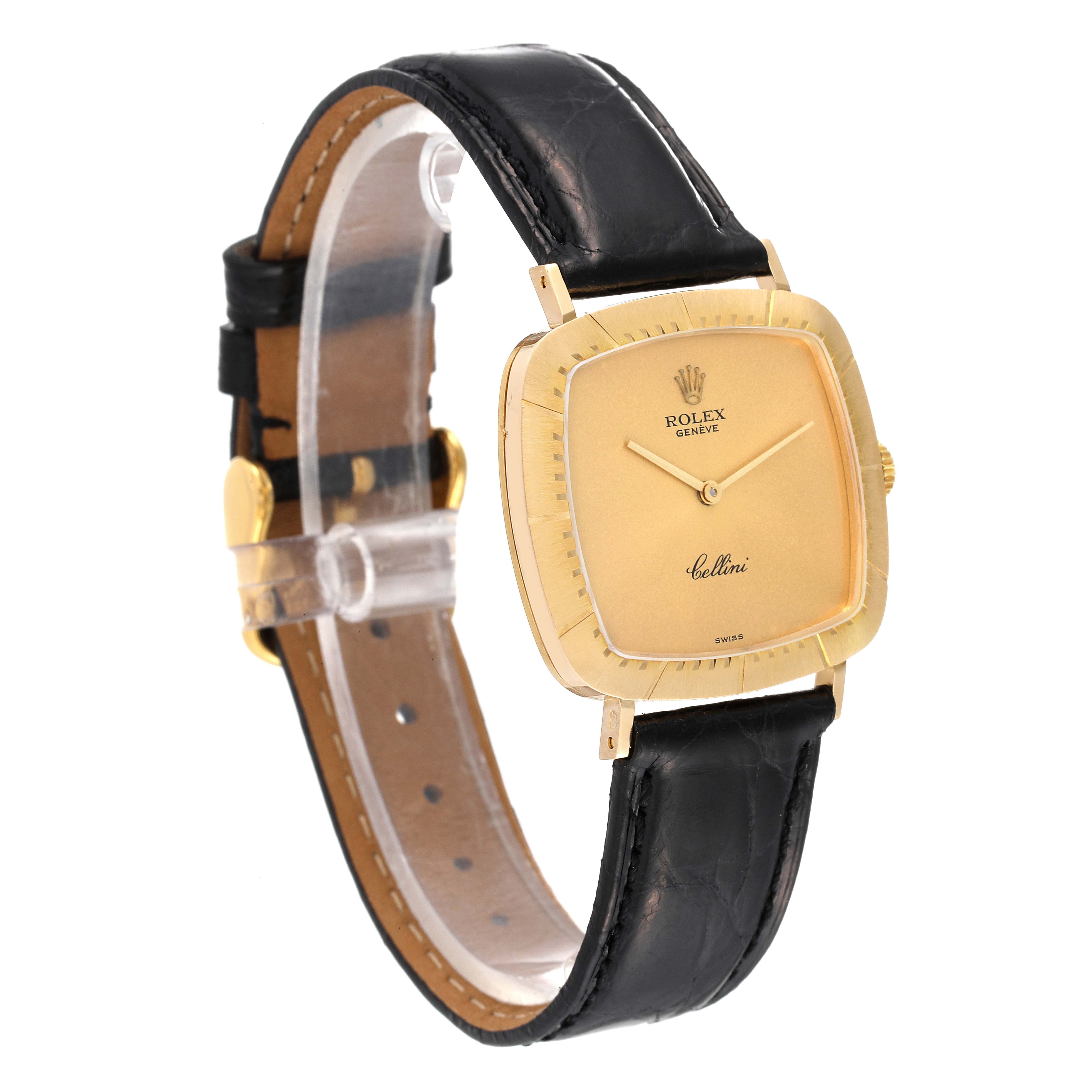 The Rolex Cellini 4084 Men's Yellow Gold Champagne Dial 4084 Men's Yellow Gold Champagne Dial watch is shown at a three-quarter angle, highlighting the gold case, black leather strap, and watch face.