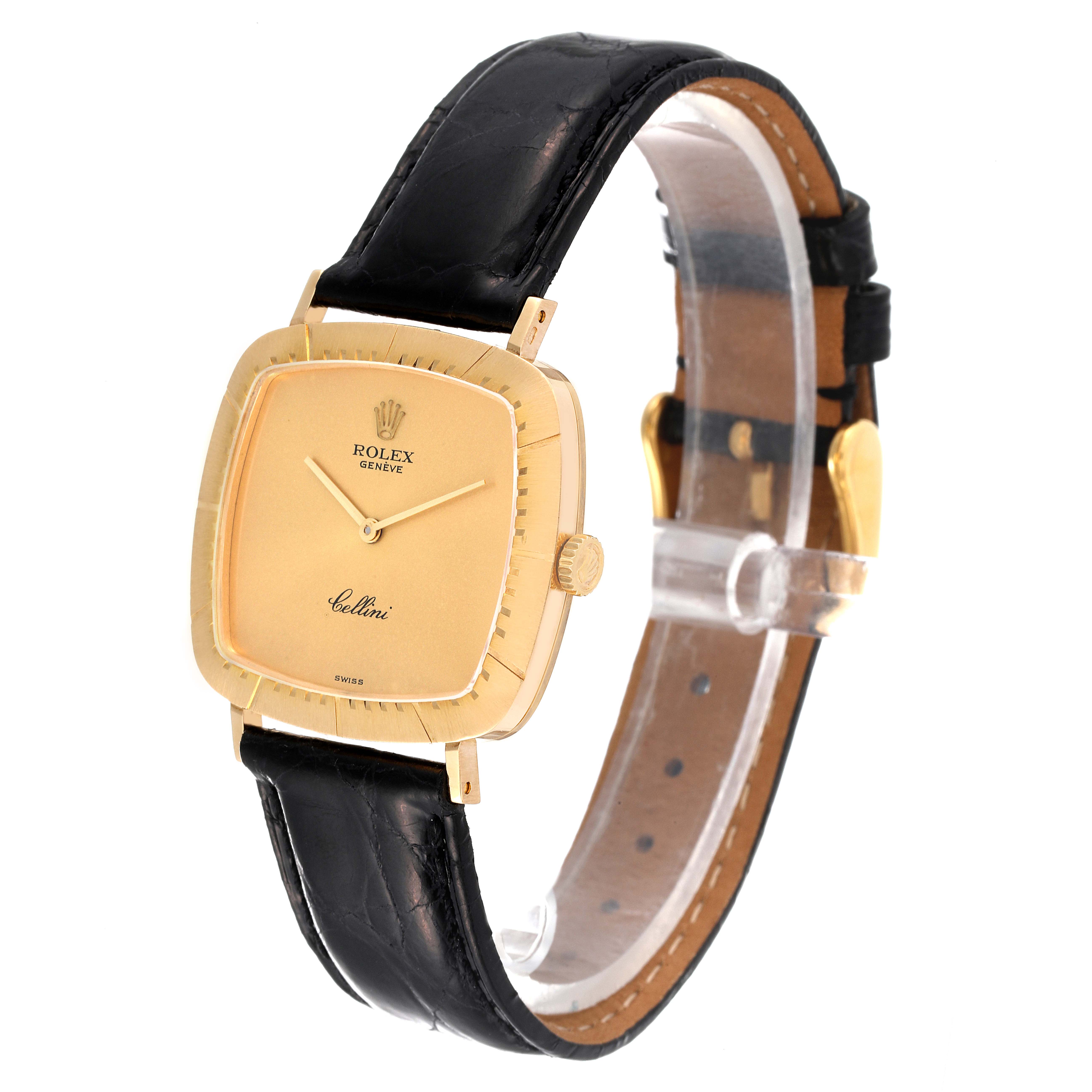 The image shows a Rolex Cellini 4084 Men's Yellow Gold Champagne Dial 4084 Men's Yellow Gold Champagne Dial watch at an angle, displaying its gold case, dial, crown, and black leather strap.