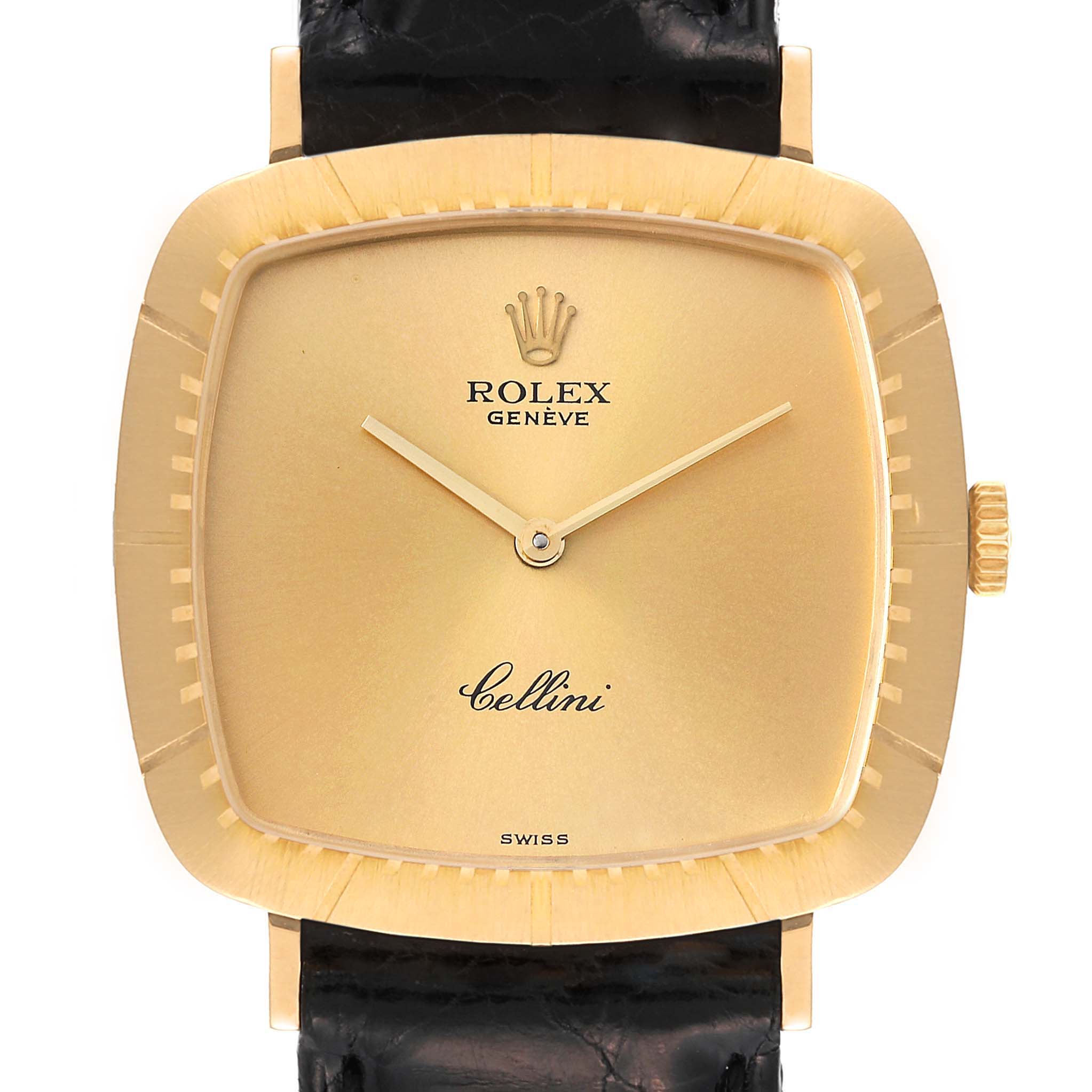 The Cellini model by Rolex is shown from a front angle, displaying the dial, hands, crown, and part of the strap.
