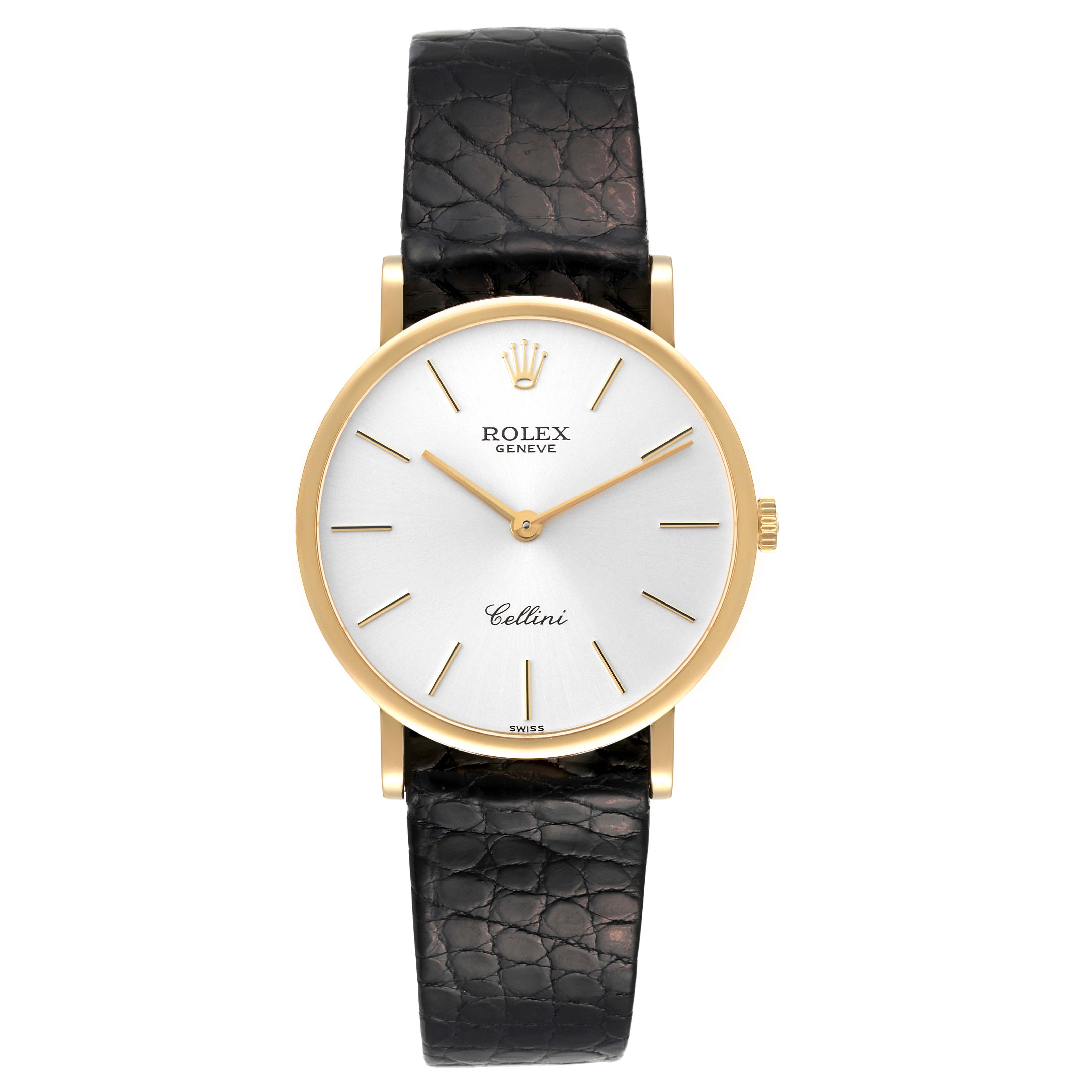 The image shows a front view of a Rolex Cellini 5112 Men
s Yellow Gold Silver Dial 5112 Men
s Yellow Gold Silver Dial watch, featuring its dial, hands, crown, and leather strap.