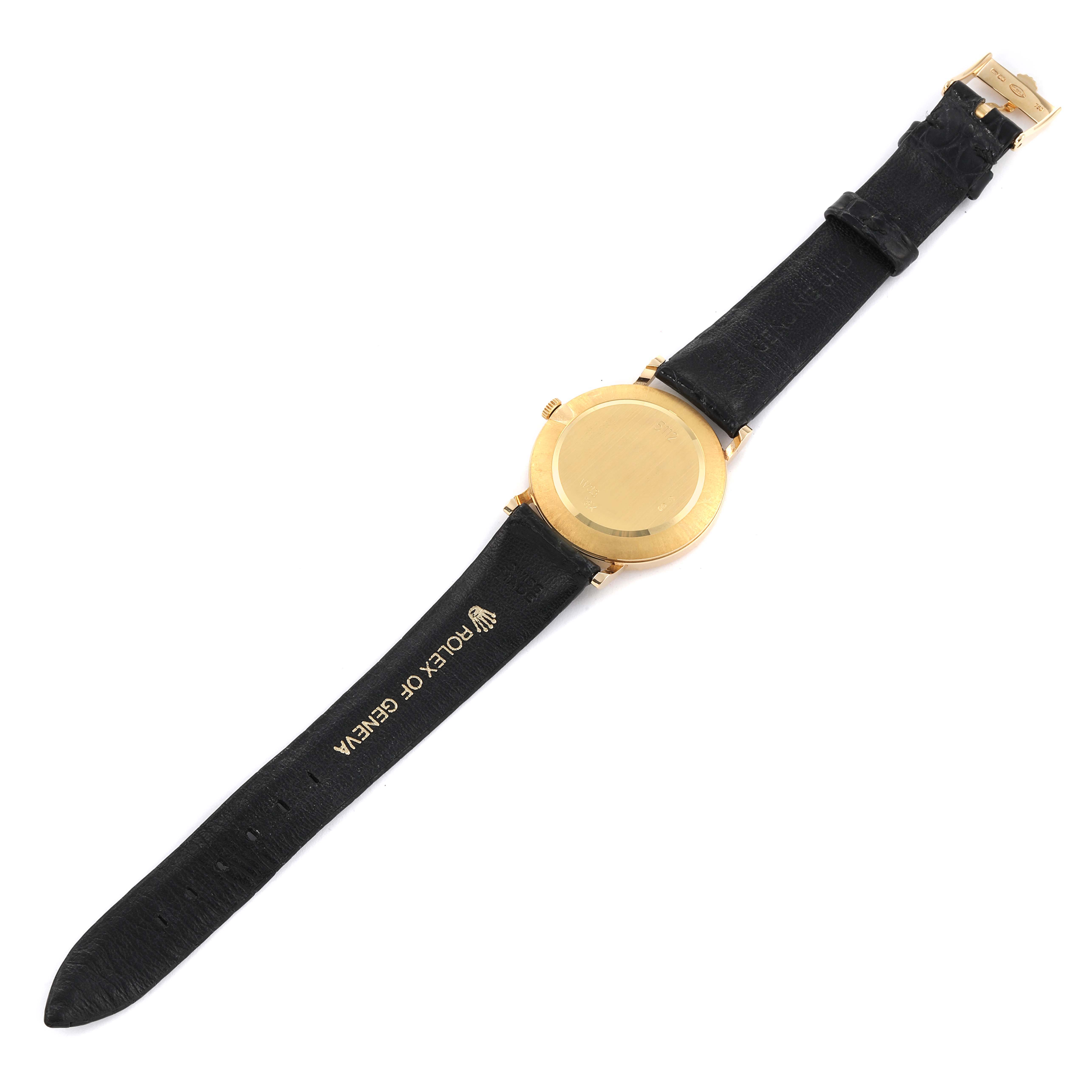 The image shows the back case and entire leather strap of a Rolex Cellini 5112 Men
s Yellow Gold Silver Dial 5112 Men
s Yellow Gold Silver Dial watch, with the strap laid out flat.