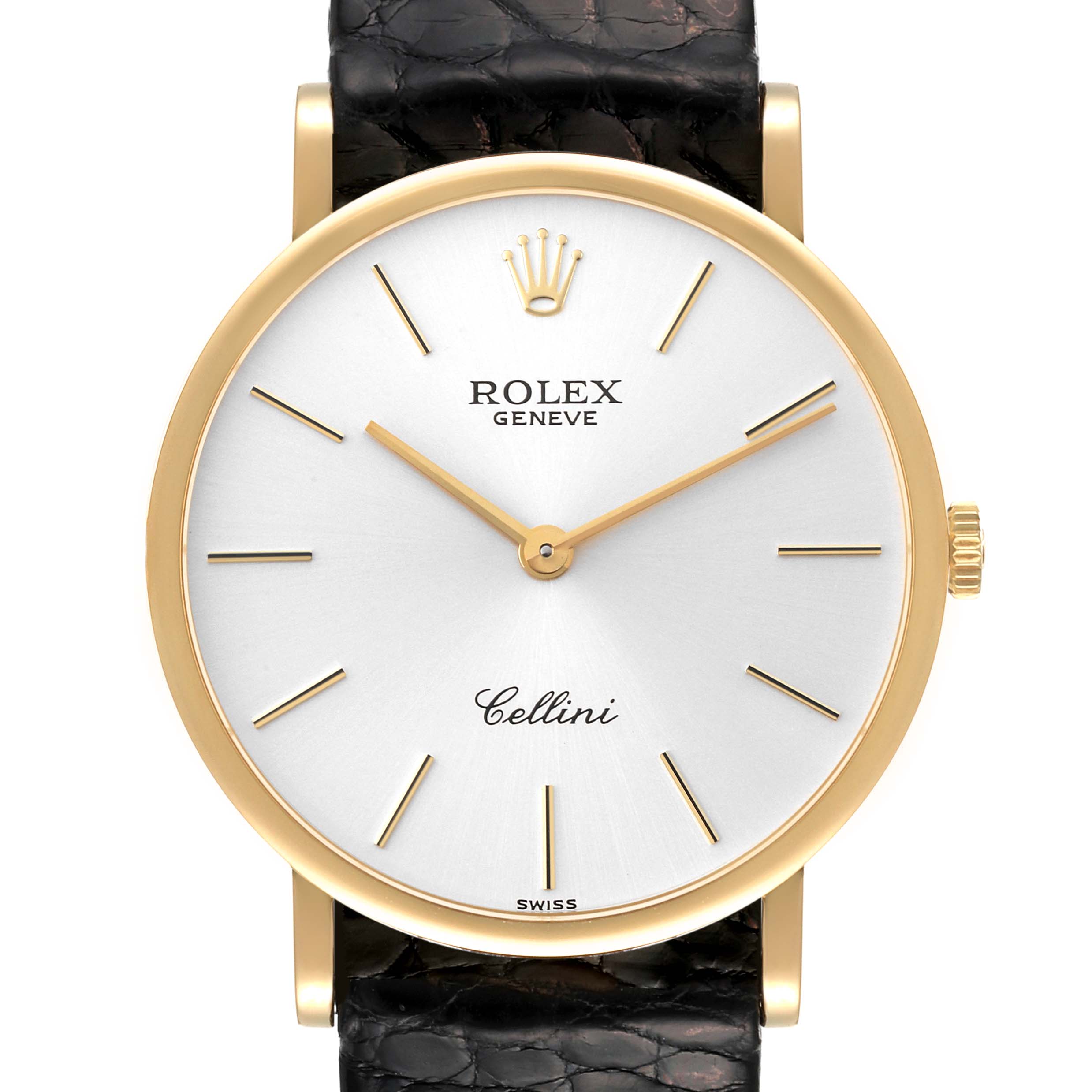 The image shows a front view of a Rolex Cellini 5112 Men
s Yellow Gold Silver Dial 5112 Men
s Yellow Gold Silver Dial watch, highlighting the dial, hands, crown, and leather strap.