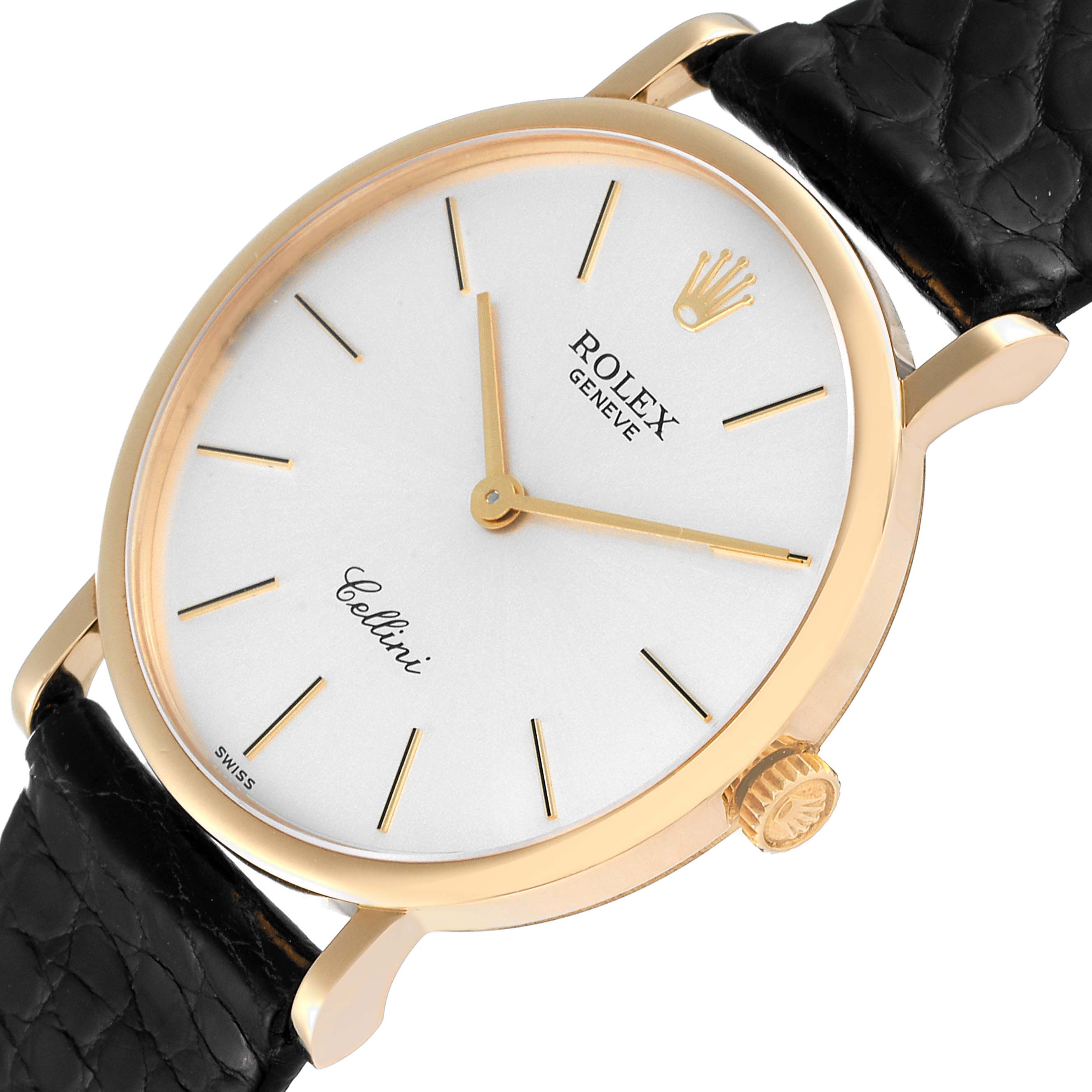 The Rolex Cellini 5112 Men
s Yellow Gold Silver Dial 5112 Men
s Yellow Gold Silver Dial watch is shown at an oblique angle, featuring its gold case, white dial, gold hands, and black leather strap.