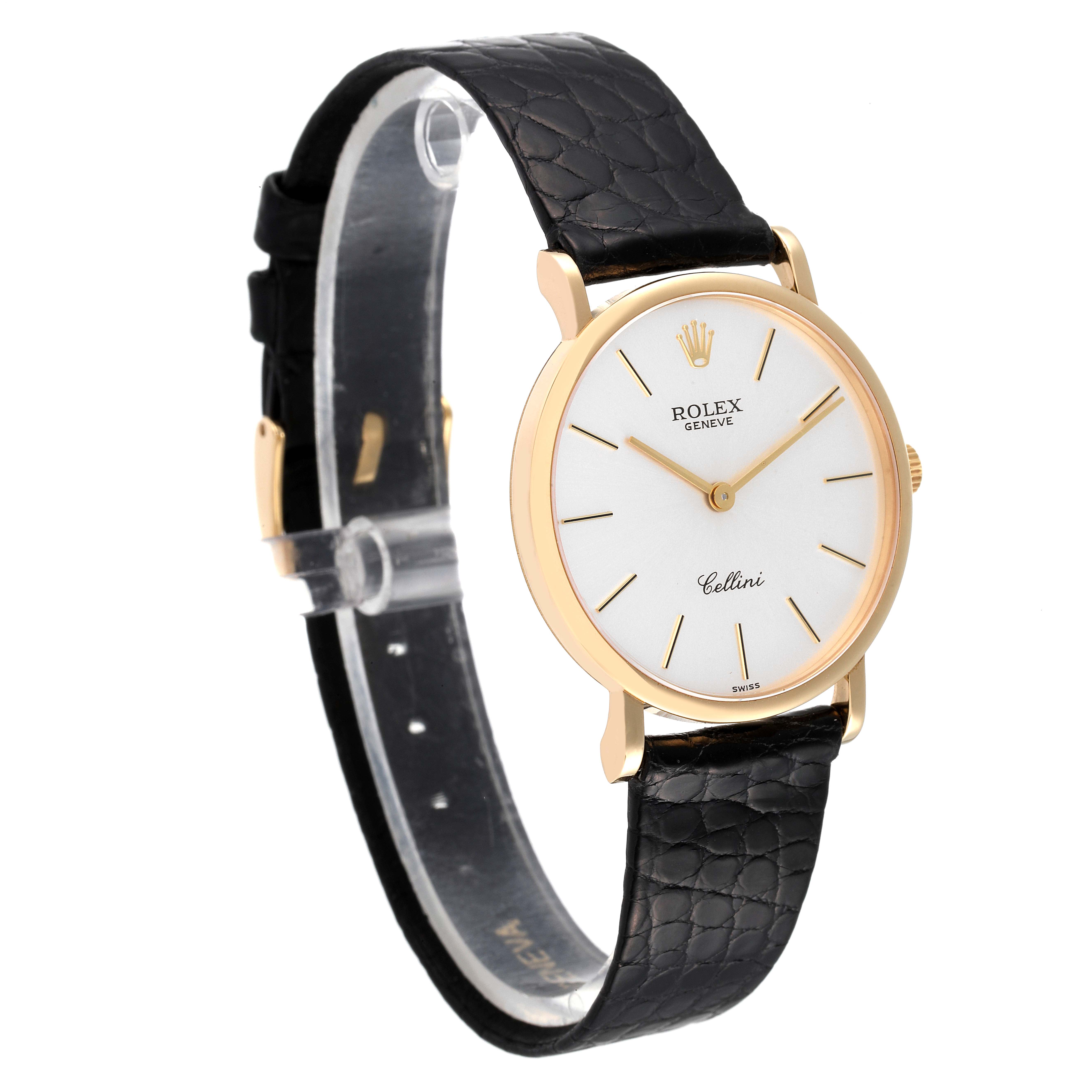 This image shows a Rolex Cellini 5112 Men
s Yellow Gold Silver Dial 5112 Men
s Yellow Gold Silver Dial watch from a side angle, highlighting the face, crown, case, and black leather strap.