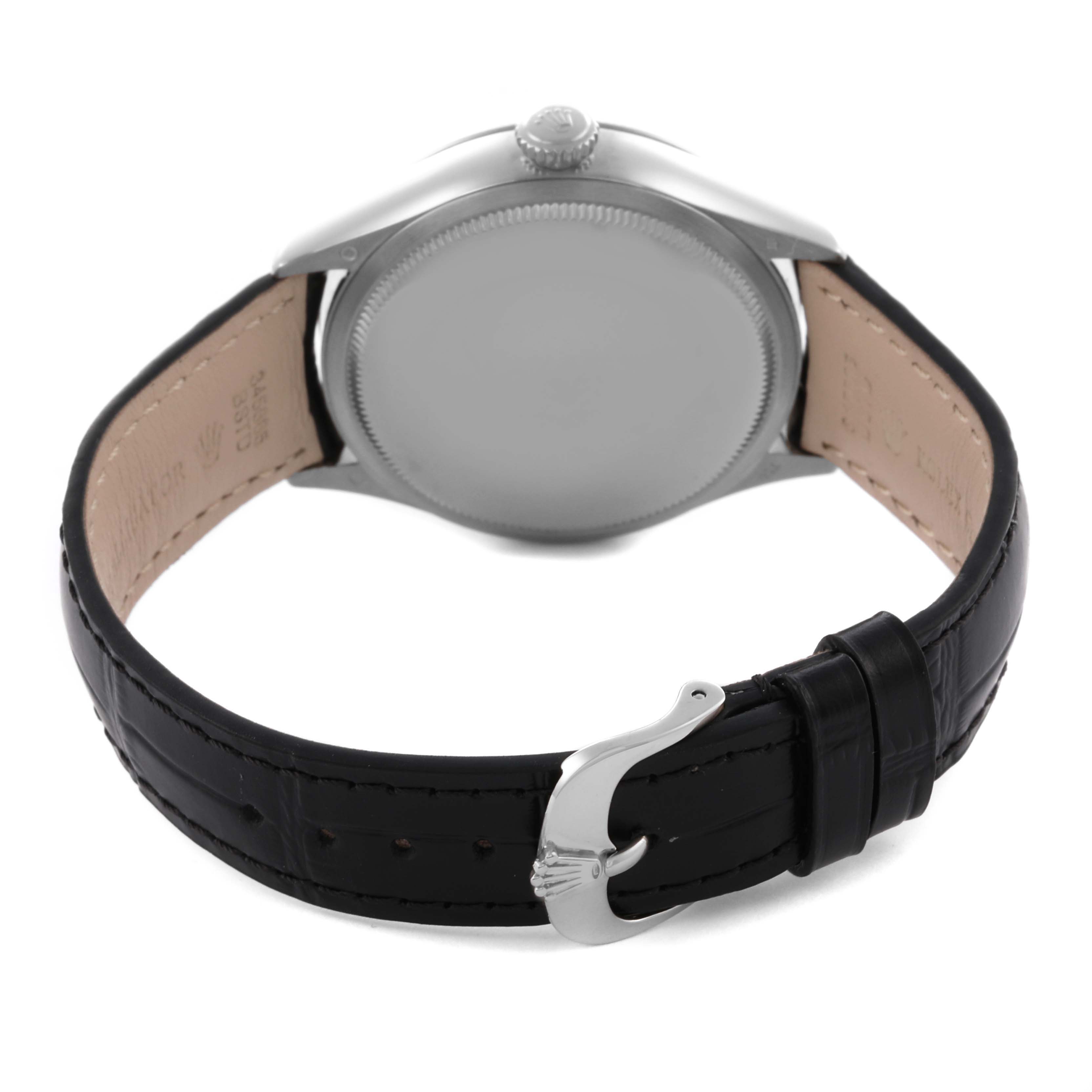 The image shows the back view of the Rolex Cellini 50519 Men's White Gold Blue Dial 50519 Men's White Gold Blue Dial watch, highlighting the case back and black leather strap with a clasp.