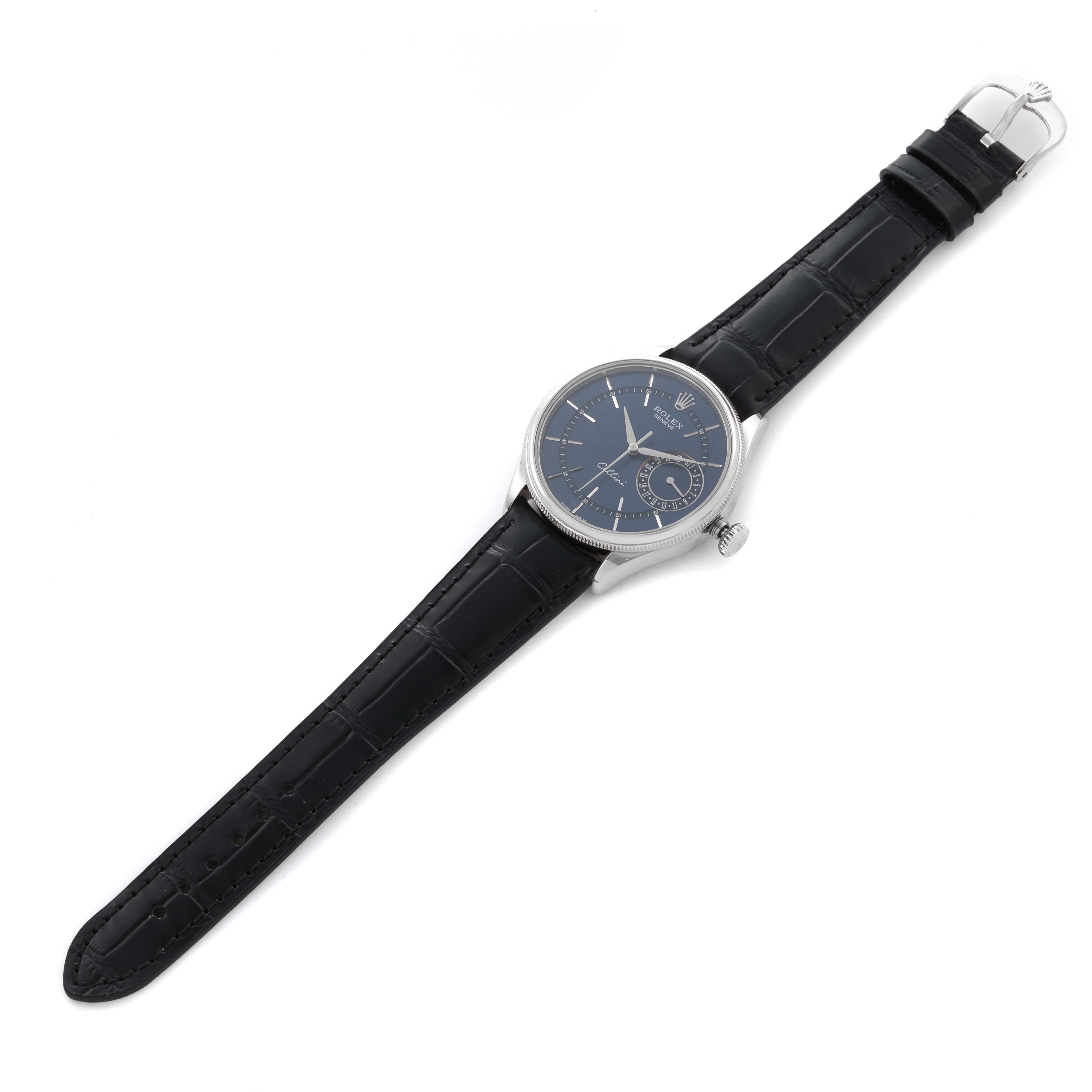 The image shows a top-down view of a Rolex Cellini 50519 Men's White Gold Blue Dial 50519 Men's White Gold Blue Dial watch with a black leather strap and silver case.