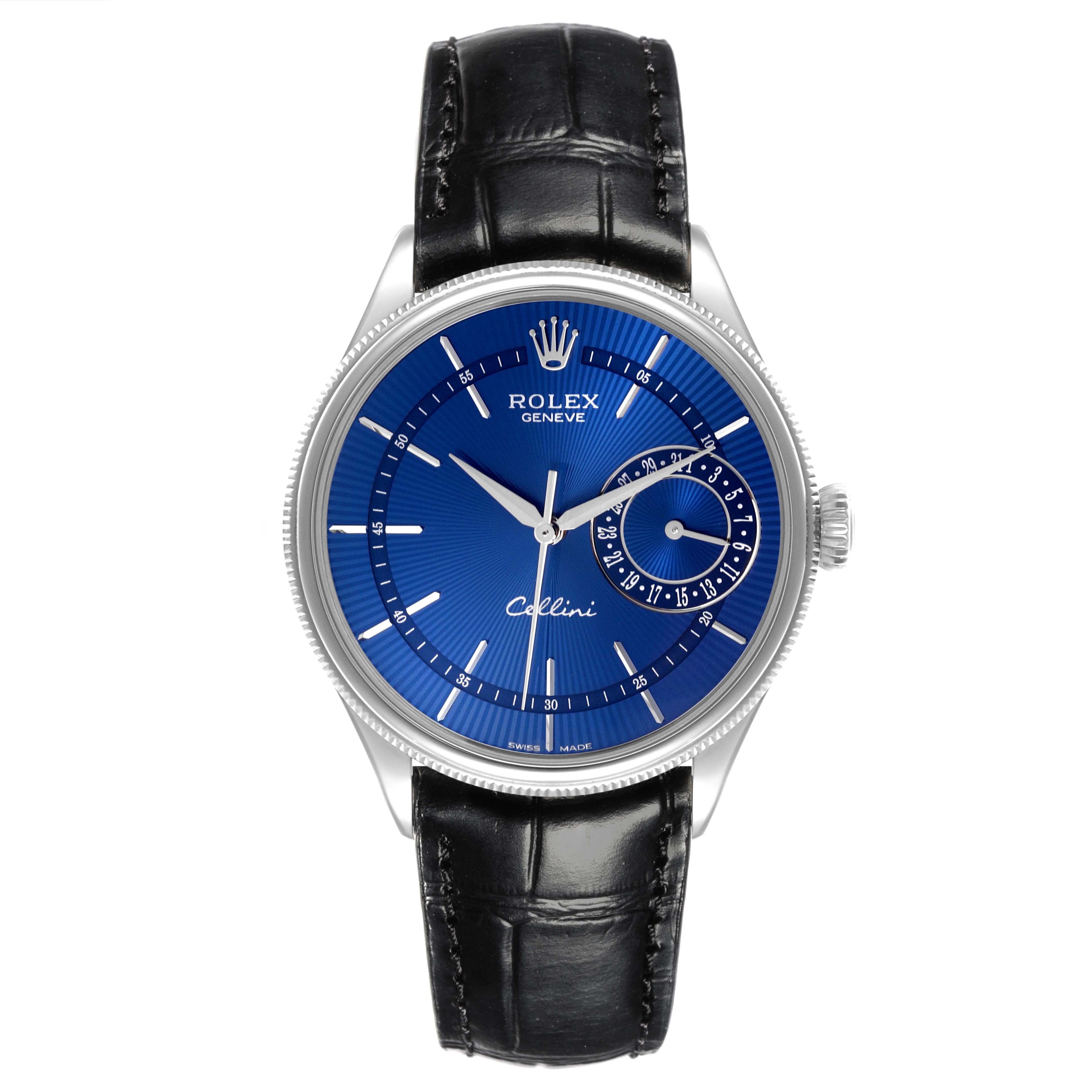 The Rolex Cellini 50519 Men's White Gold Blue Dial 50519 Men's White Gold Blue Dial watch is shown from a front angle, displaying the blue dial, markers, hands, and black leather strap.