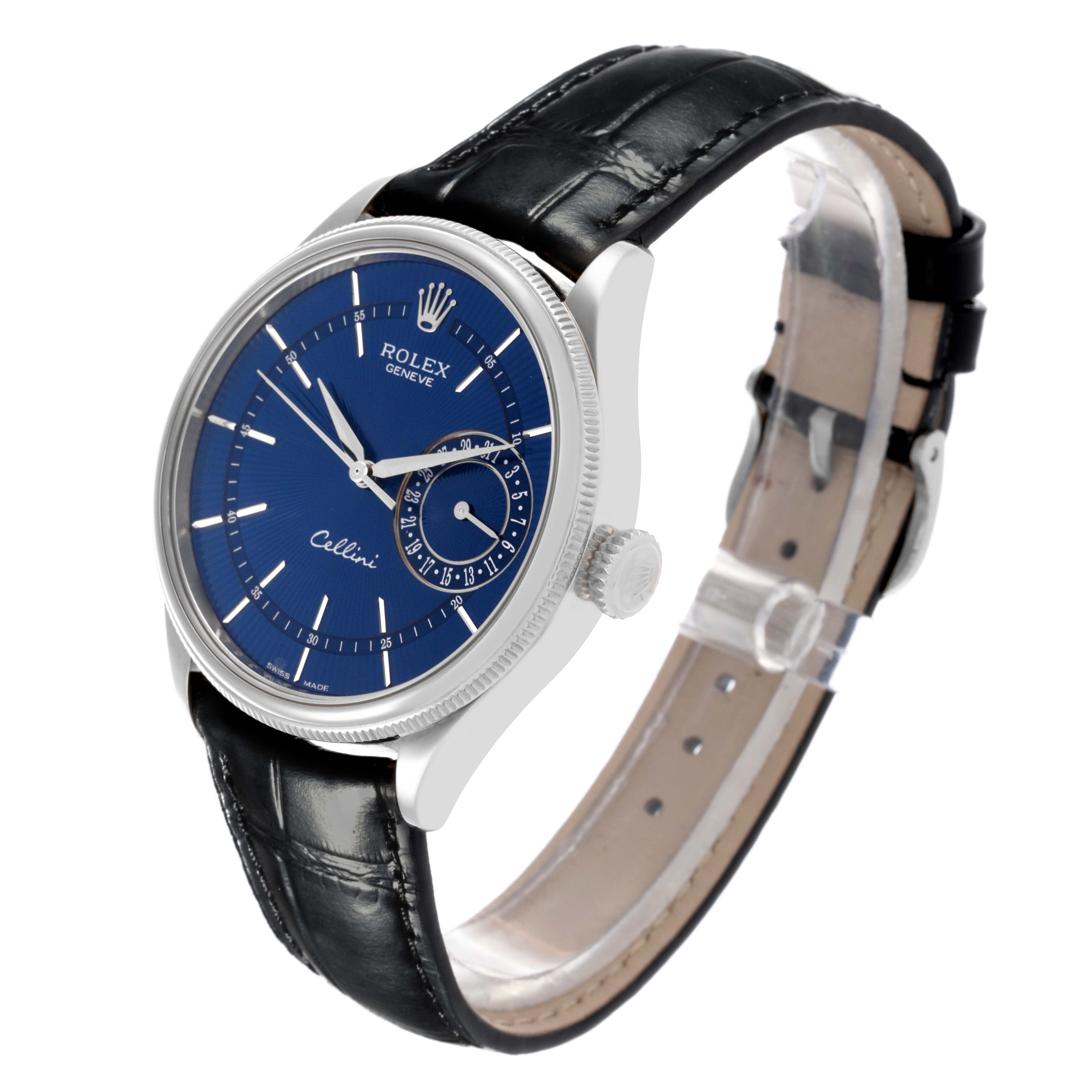 The Rolex Cellini 50519 Men's White Gold Blue Dial 50519 Men's White Gold Blue Dial watch is shown at a side angle, highlighting the blue dial, crown, and black leather strap.