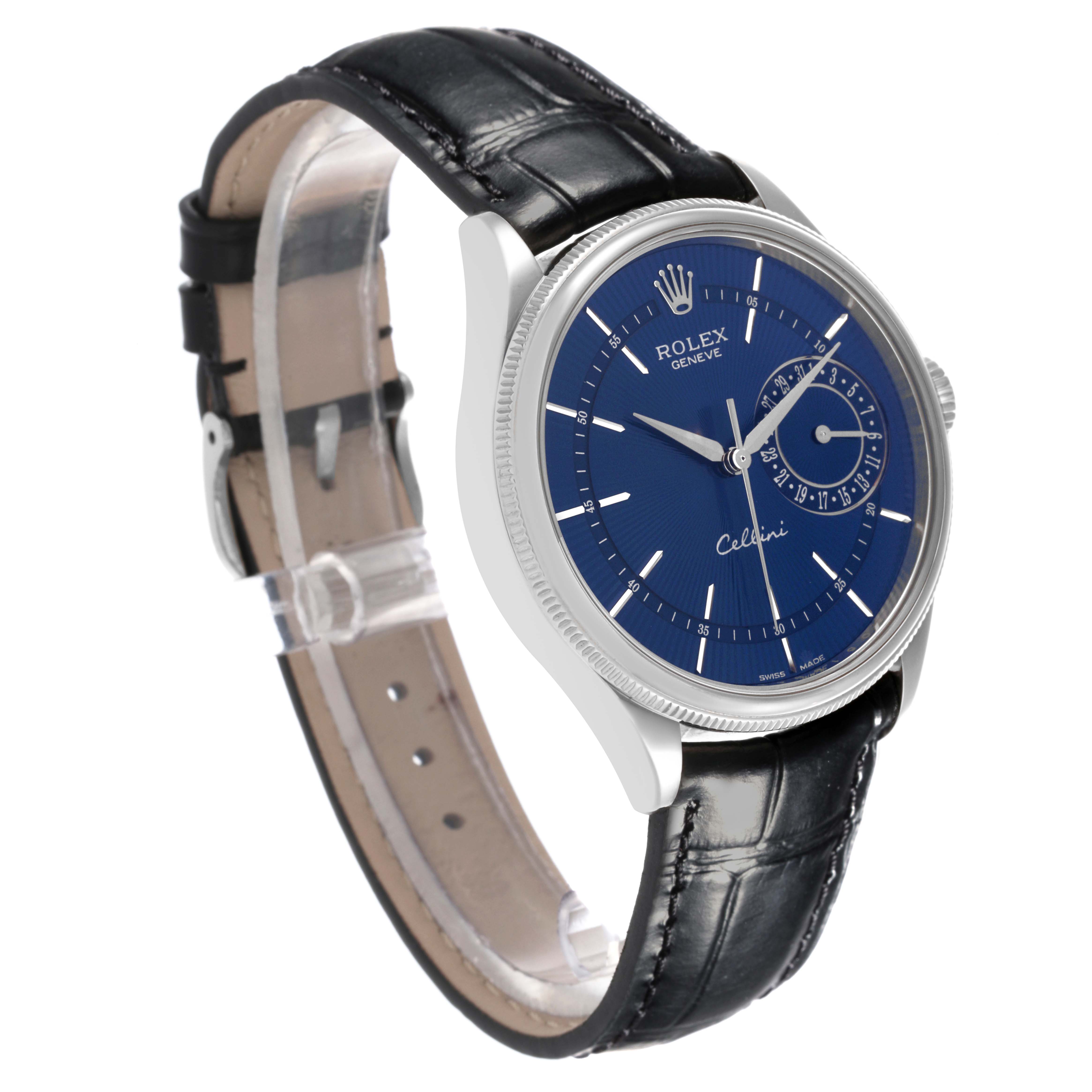 The Rolex Cellini 50519 Men's White Gold Blue Dial 50519 Men's White Gold Blue Dial watch is shown at a slight angle, displaying its face, bezel, lugs, and leather strap.
