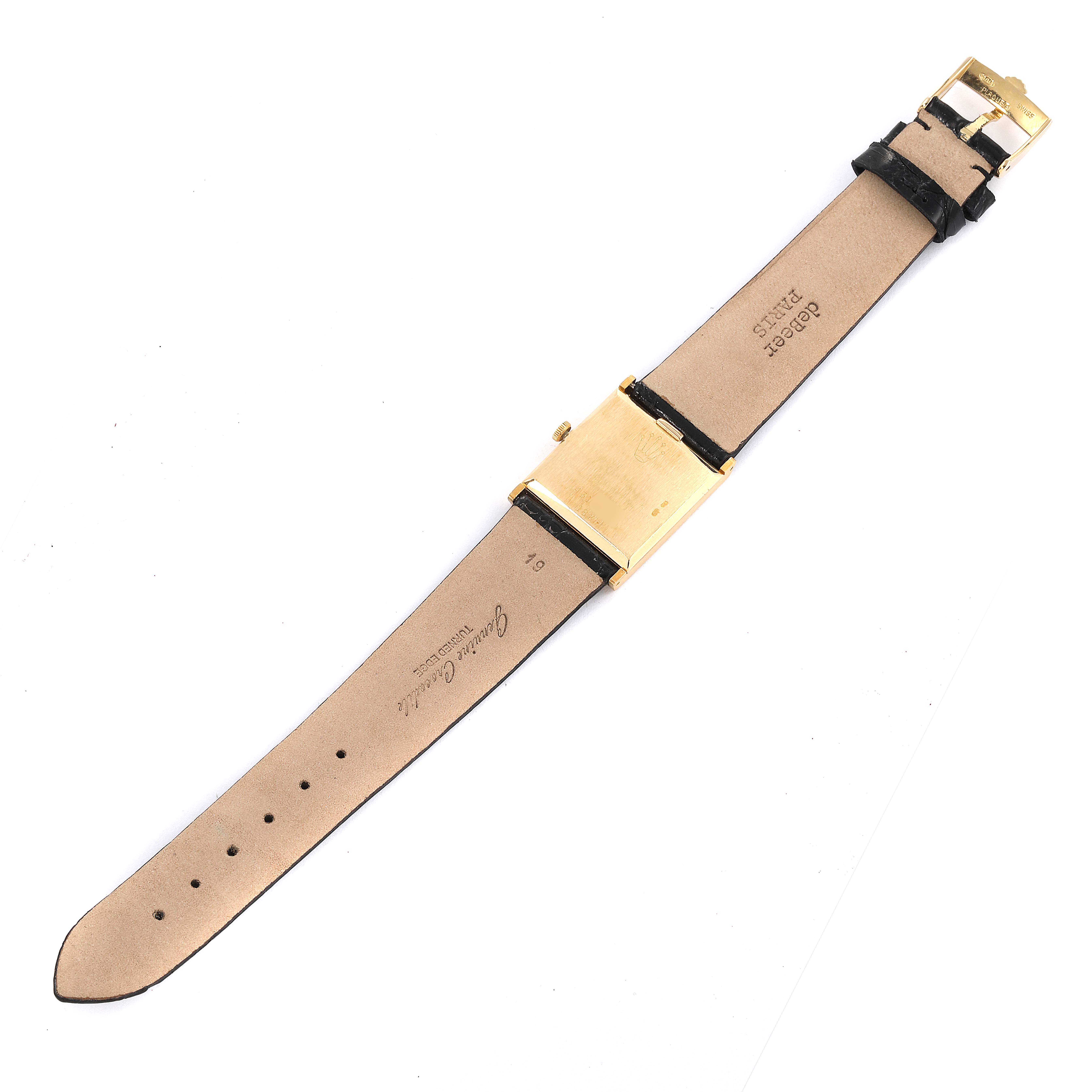 The image shows the back view of a Rolex Cellini 4014 Men's Yellow Gold Champagne Dial 4014 Men's Yellow Gold Champagne Dial watch with its leather strap and gold buckle.