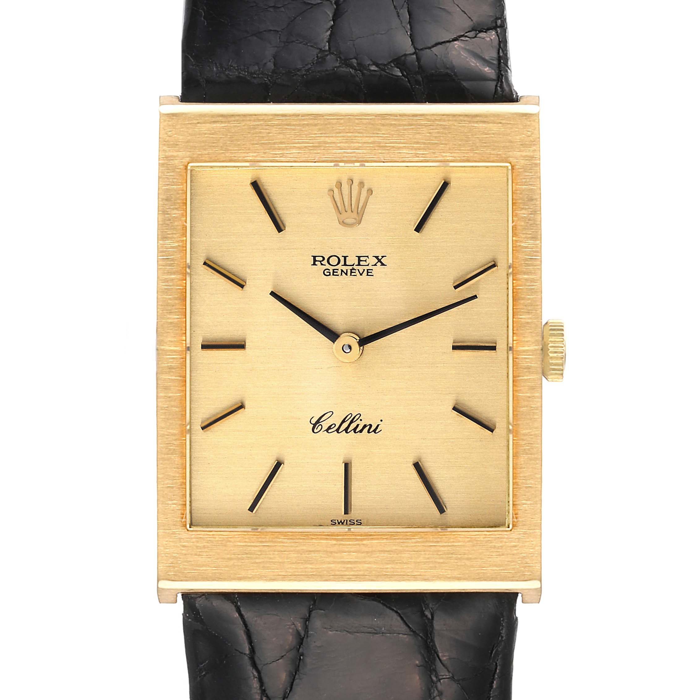This image shows a Rolex Cellini 4014 Men's Yellow Gold Champagne Dial 4014 Men's Yellow Gold Champagne Dial watch from a front view, highlighting its square gold dial and black leather strap.