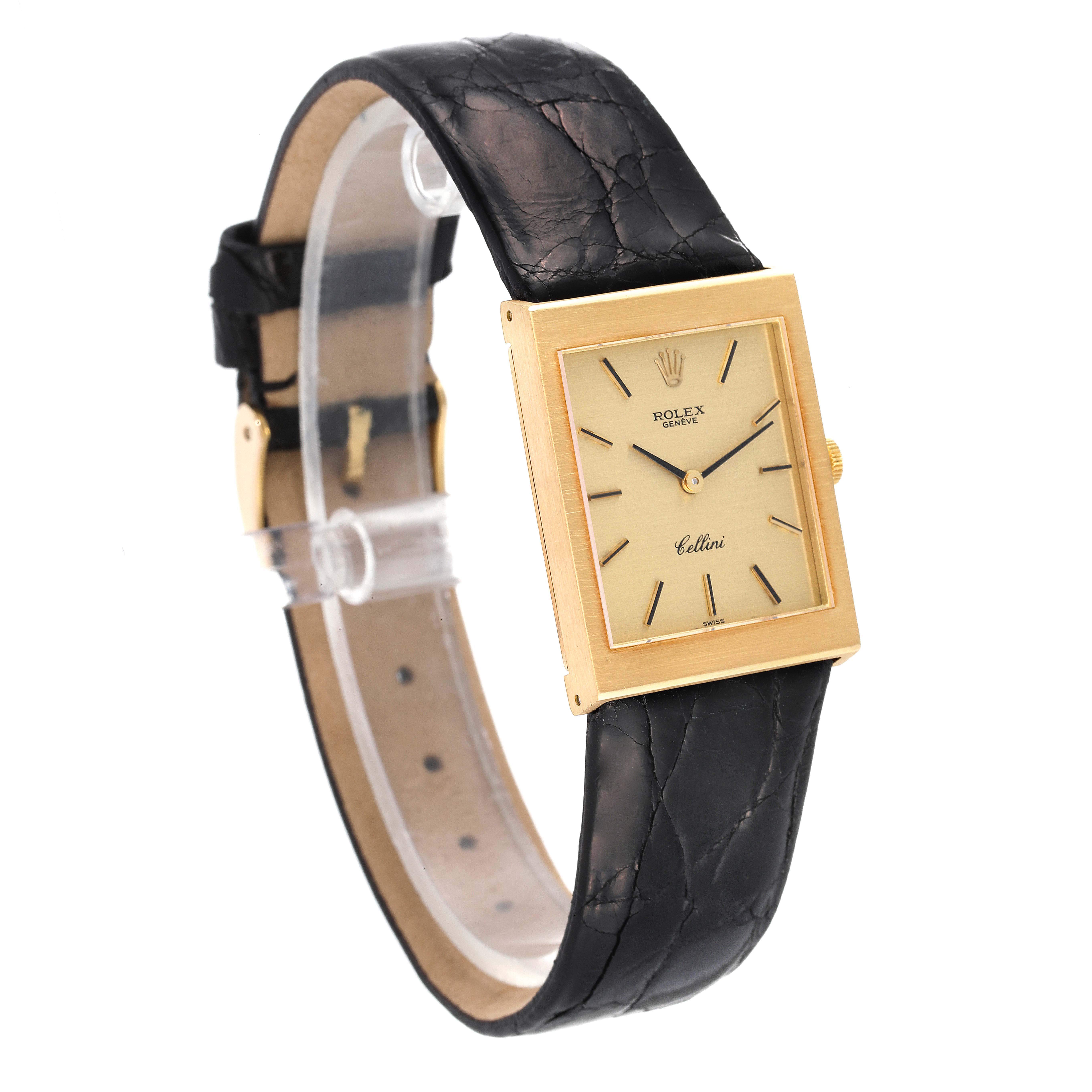 The image shows a side and front view of the Rolex Cellini 4014 Men's Yellow Gold Champagne Dial 4014 Men's Yellow Gold Champagne Dial watch, highlighting its rectangular dial and black leather strap.