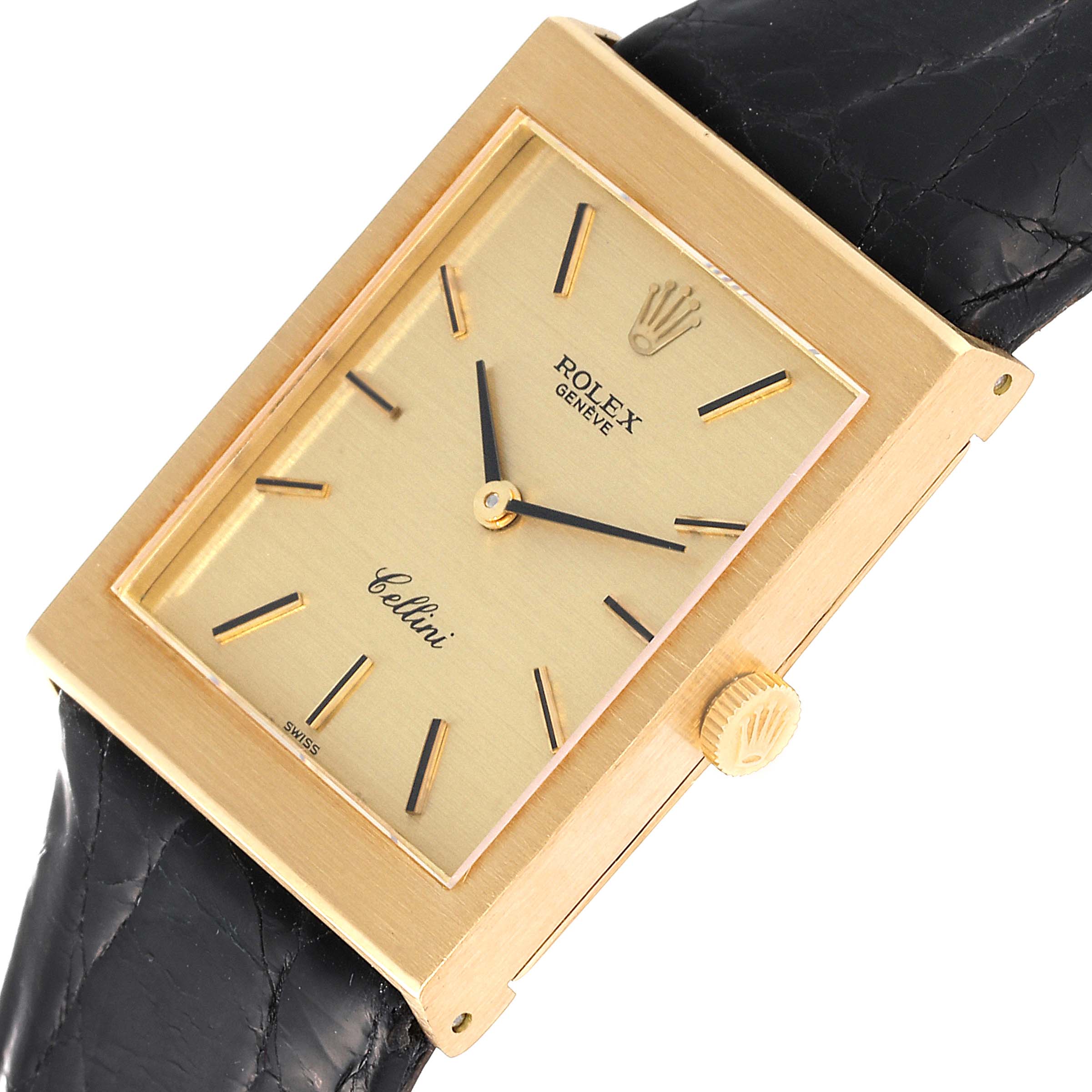 The image shows a close-up of a Rolex Cellini 4014 Men's Yellow Gold Champagne Dial 4014 Men's Yellow Gold Champagne Dial watch, showcasing its rectangular gold case, dial, crown, and part of the black leather strap.