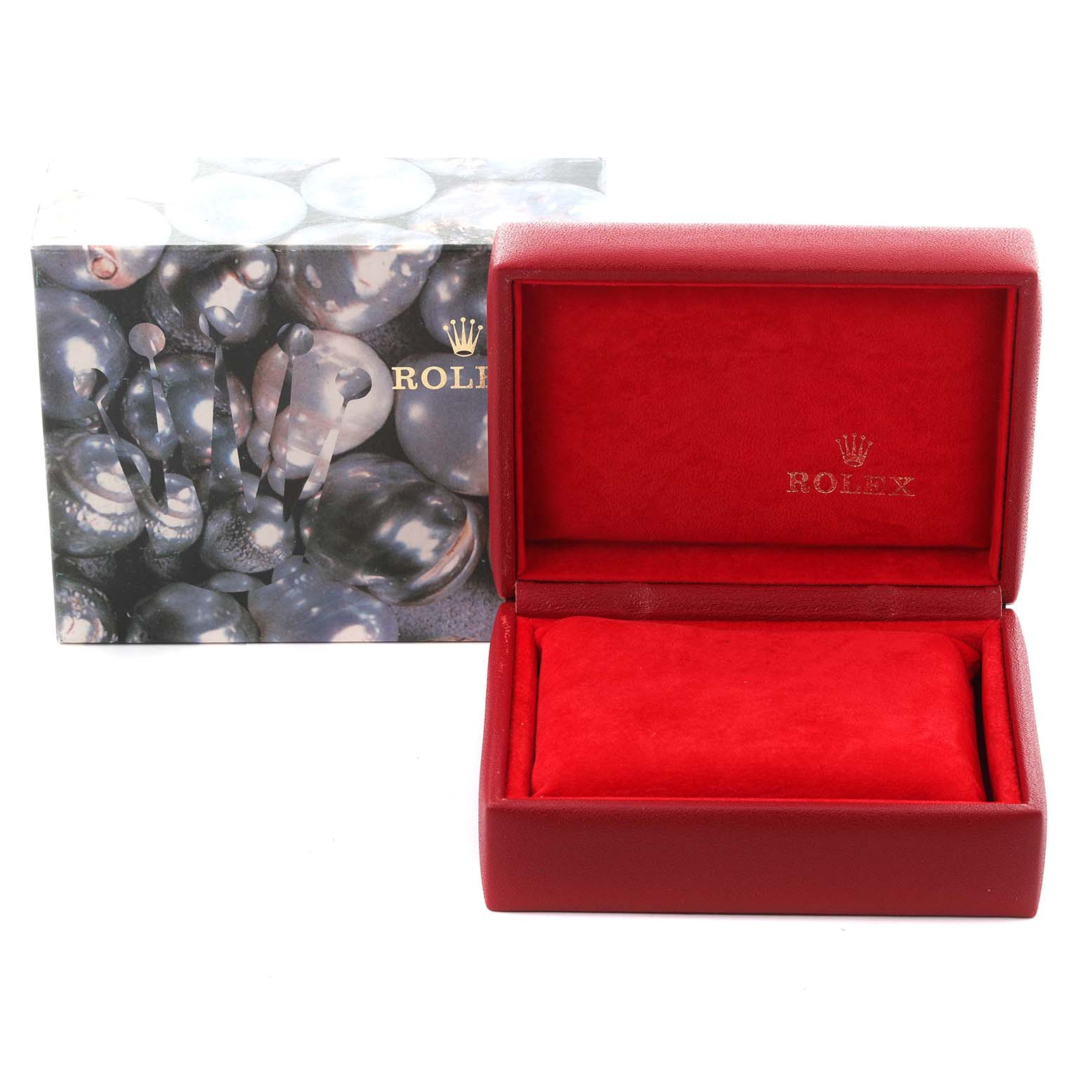 The image shows an open Rolex Date 79160 Women
s Stainless Steel Blue Dial 79160 Women
s Stainless Steel Blue Dial model watch box with a cushion, featuring the Rolex logo in gold.