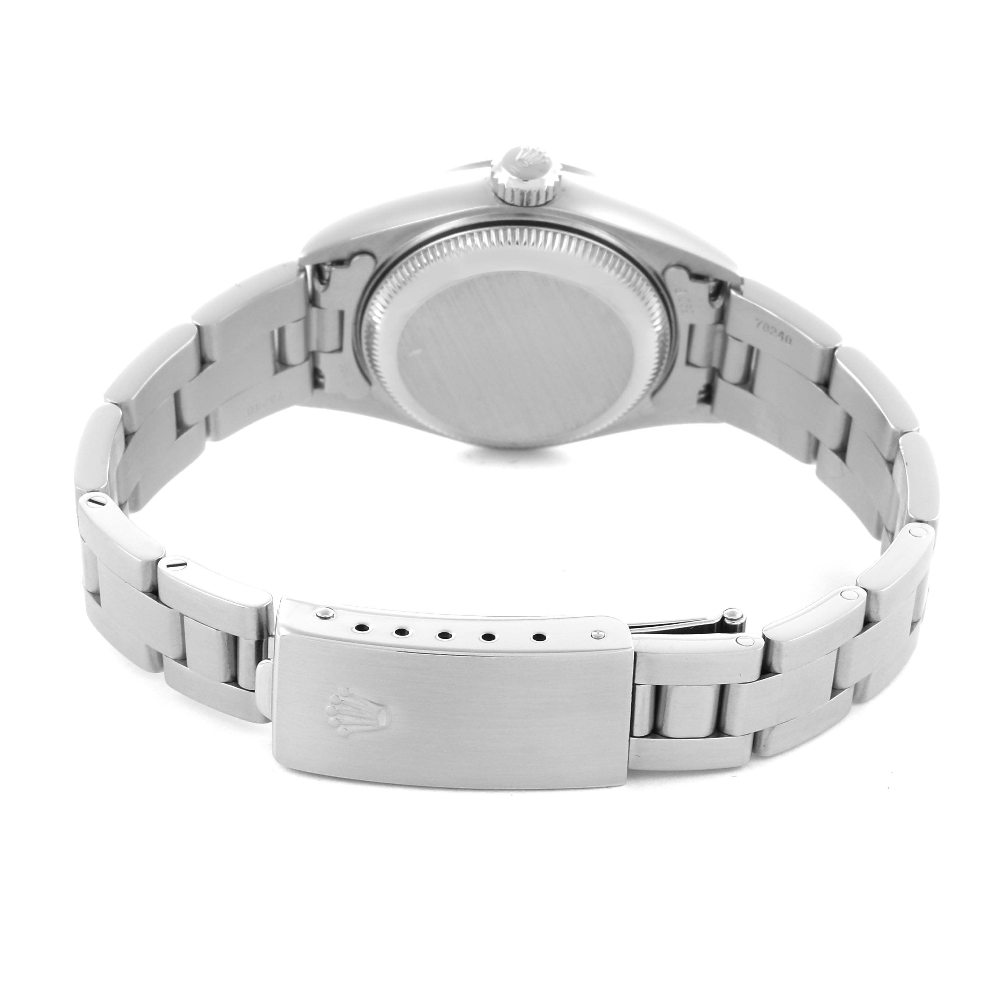 The Rolex Date 79160 Women
s Stainless Steel Blue Dial 79160 Women
s Stainless Steel Blue Dial watch is shown from the back, featuring the case back, crown, and bracelet with the clasp visible.