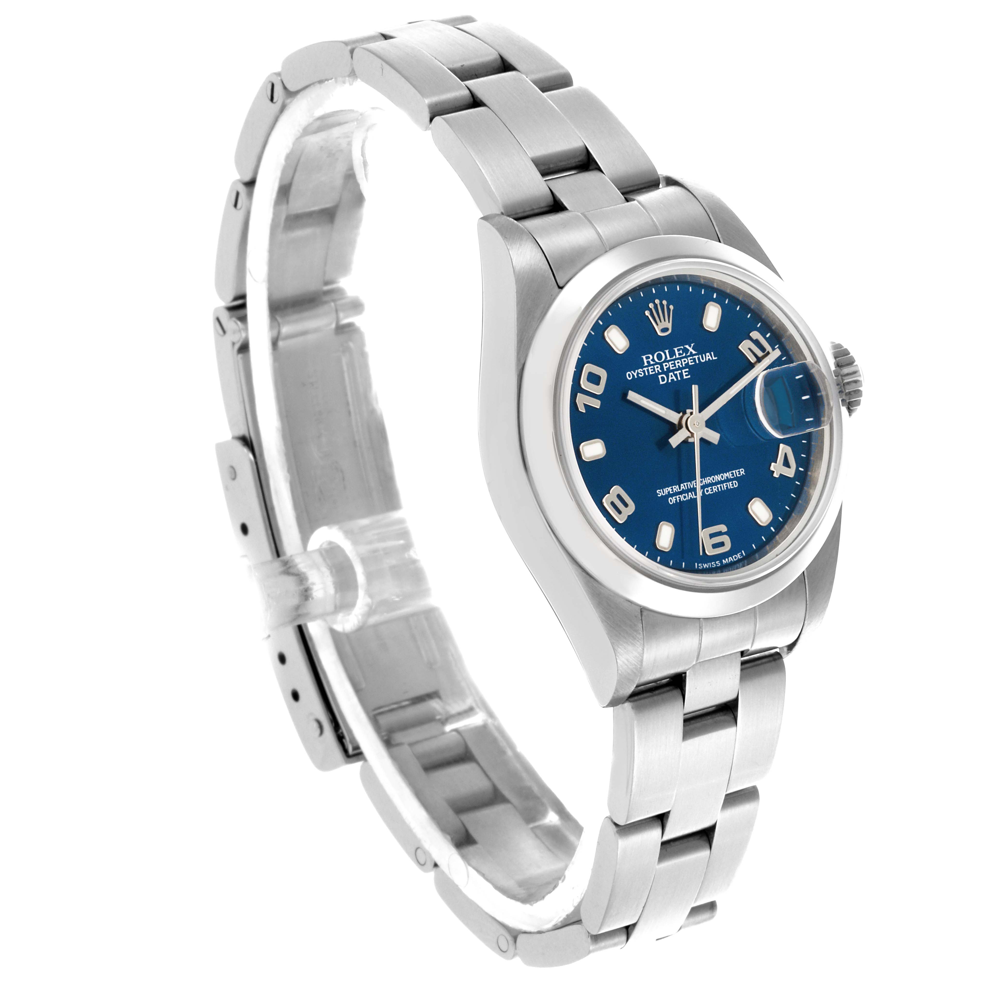 The Rolex Date 79160 Women
s Stainless Steel Blue Dial 79160 Women
s Stainless Steel Blue Dial watch is shown at a three-quarter angle, displaying the face, bezel, bracelet, and crown.