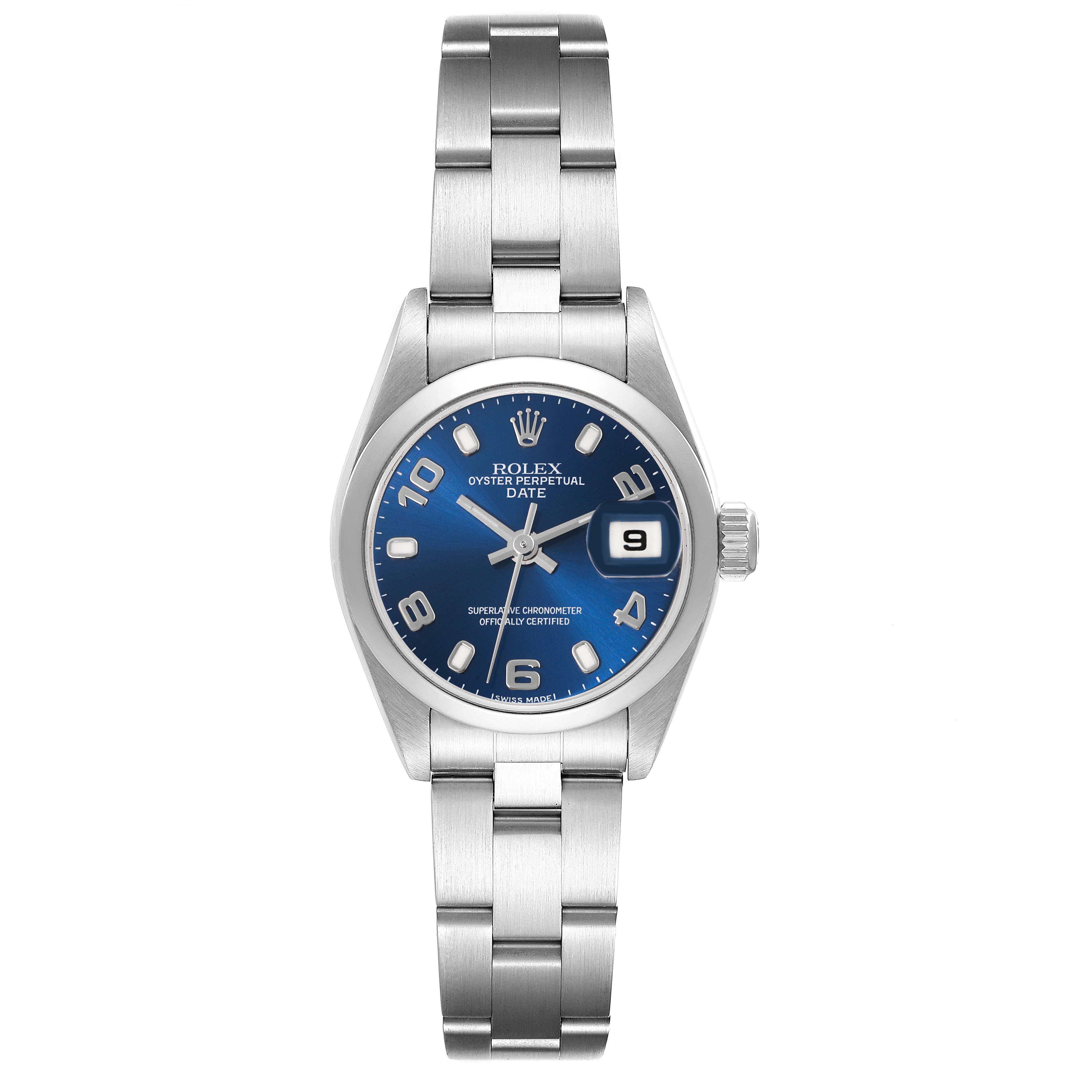 The Rolex Date 79160 Women
s Stainless Steel Blue Dial 79160 Women
s Stainless Steel Blue Dial watch is shown from a front angle, featuring its blue dial, date window, and stainless steel bracelet.