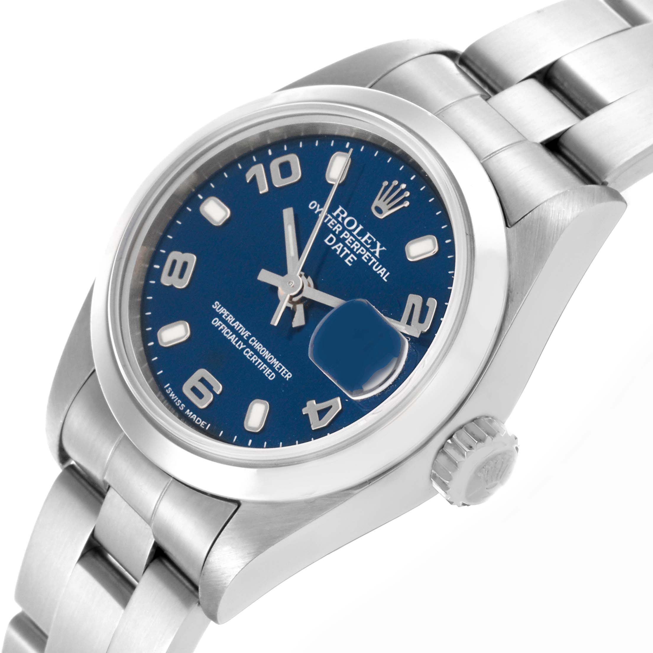 The Rolex Date 79160 Women
s Stainless Steel Blue Dial 79160 Women
s Stainless Steel Blue Dial watch is shown from a three-quarter angle, highlighting the face, bezel, crown, and bracelet.