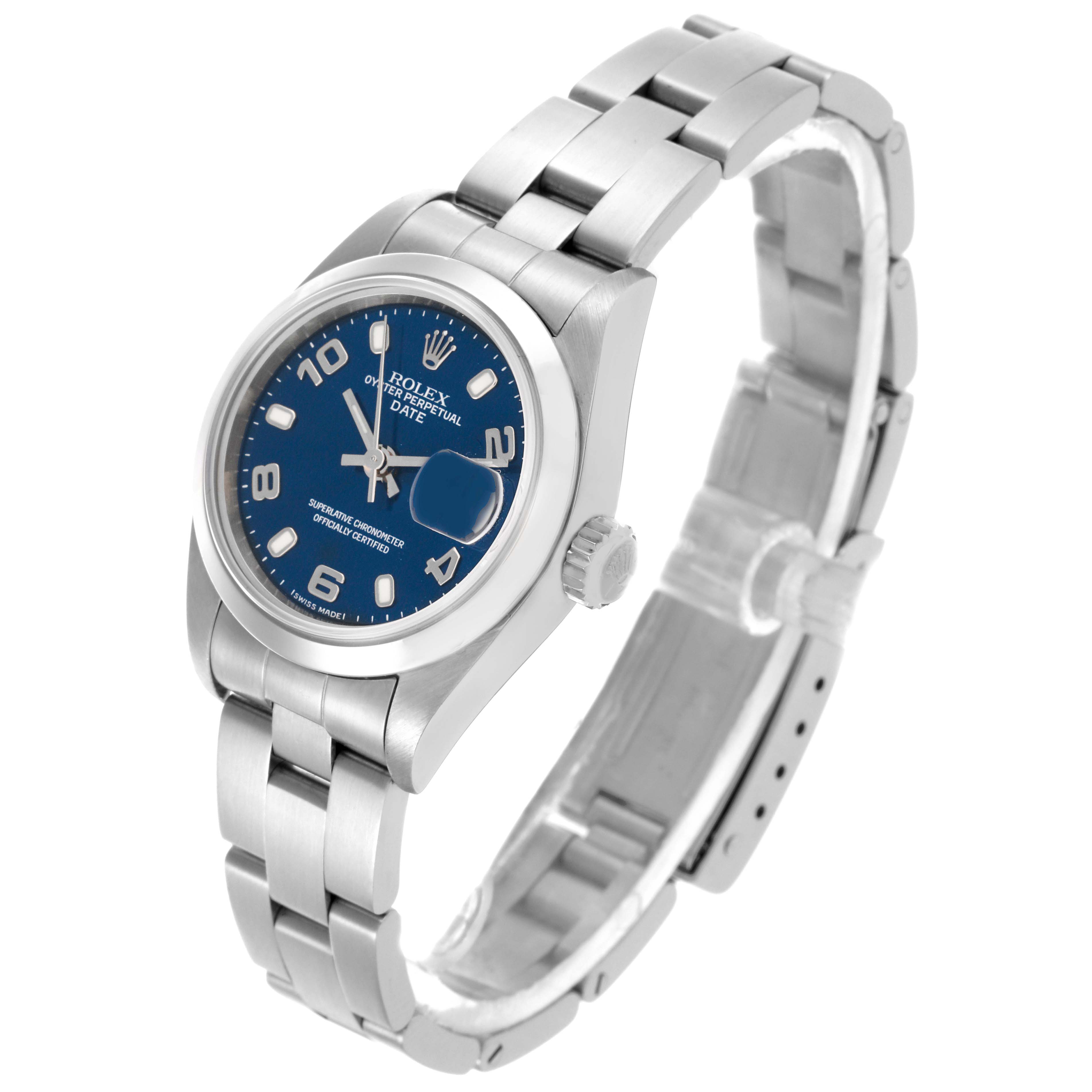 The Rolex Date 79160 Women
s Stainless Steel Blue Dial 79160 Women
s Stainless Steel Blue Dial model is shown at an angle highlighting the blue dial, bezel, crown, and metal bracelet.