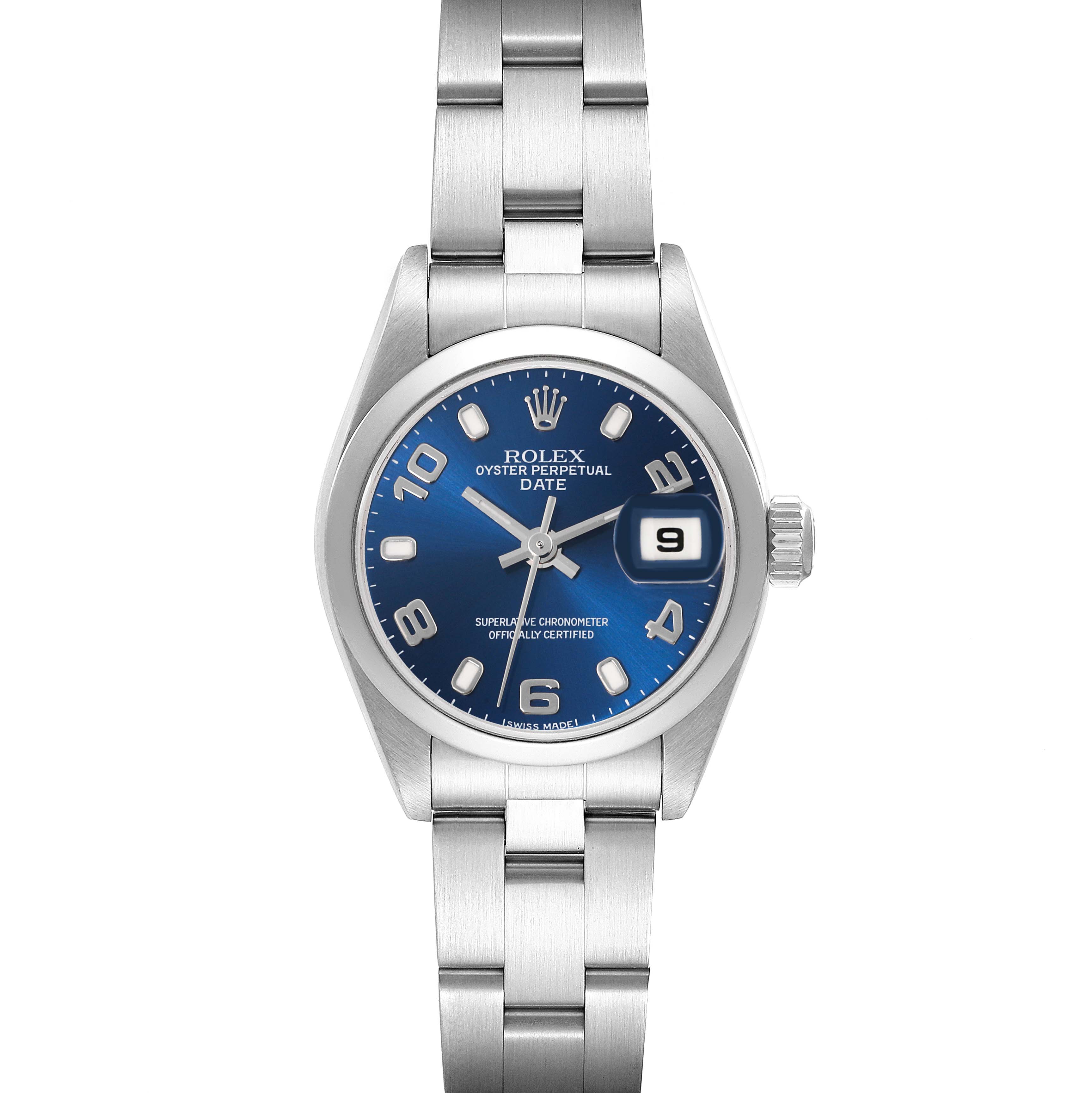 The Rolex Date 79160 Women
s Stainless Steel Blue Dial 79160 Women
s Stainless Steel Blue Dial watch is shown from the front, displaying the dial, case, bezel, bracelet, and date window.