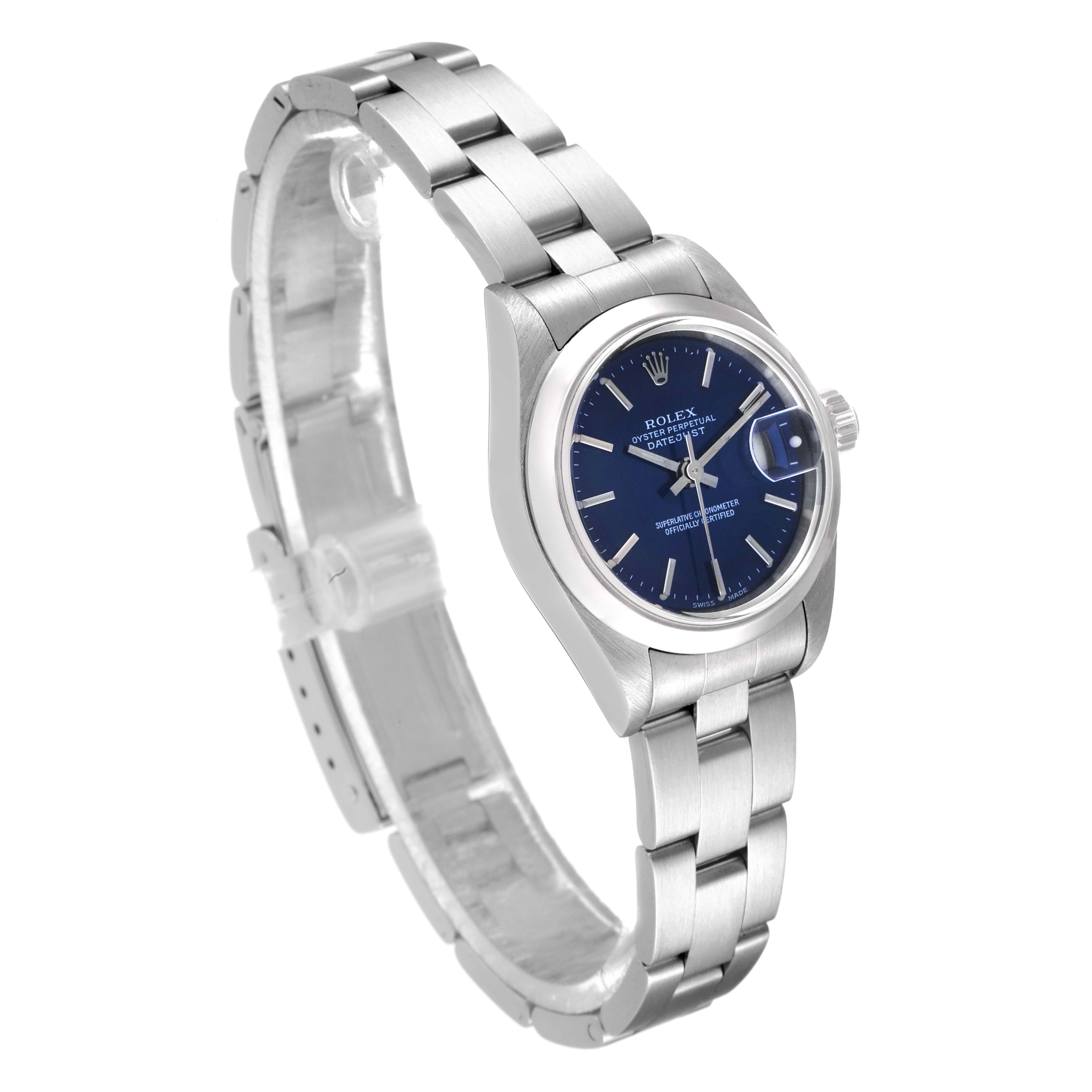 This image shows a Rolex Date 69160 Women's Stainless Steel Blue Dial 69160 Women's Stainless Steel Blue Dial model watch in a side angle, highlighting its blue dial, stainless steel case, and bracelet.