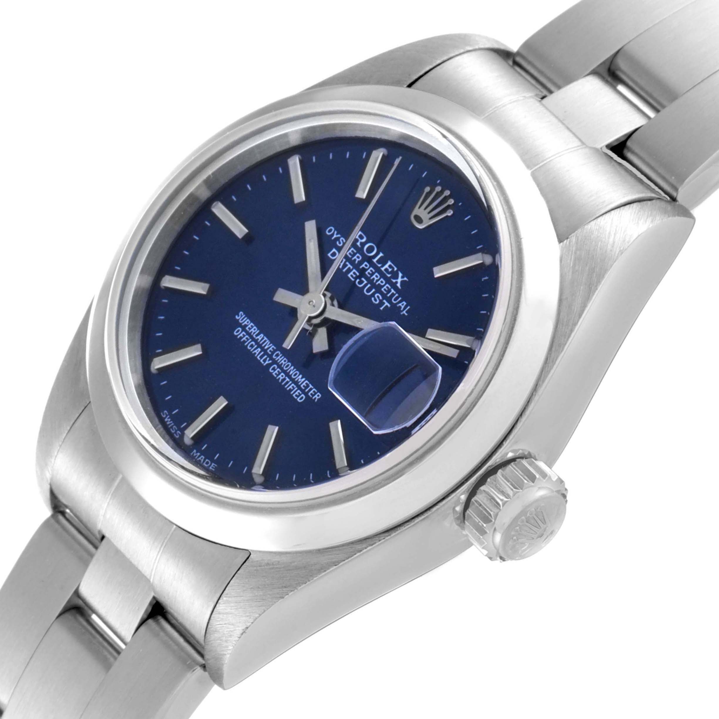 This image shows a Rolex Date 69160 Women's Stainless Steel Blue Dial 69160 Women's Stainless Steel Blue Dial model watch from an angled view, highlighting the dial, bezel, bracelet, and crown.